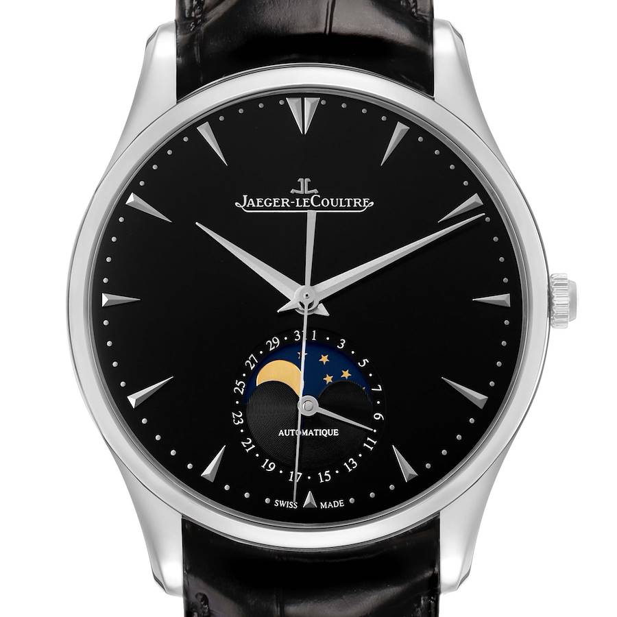 The Jaeger-LeCoultre Master watch is shown from the front, displaying its black dial, moon phase, hands, and crown.