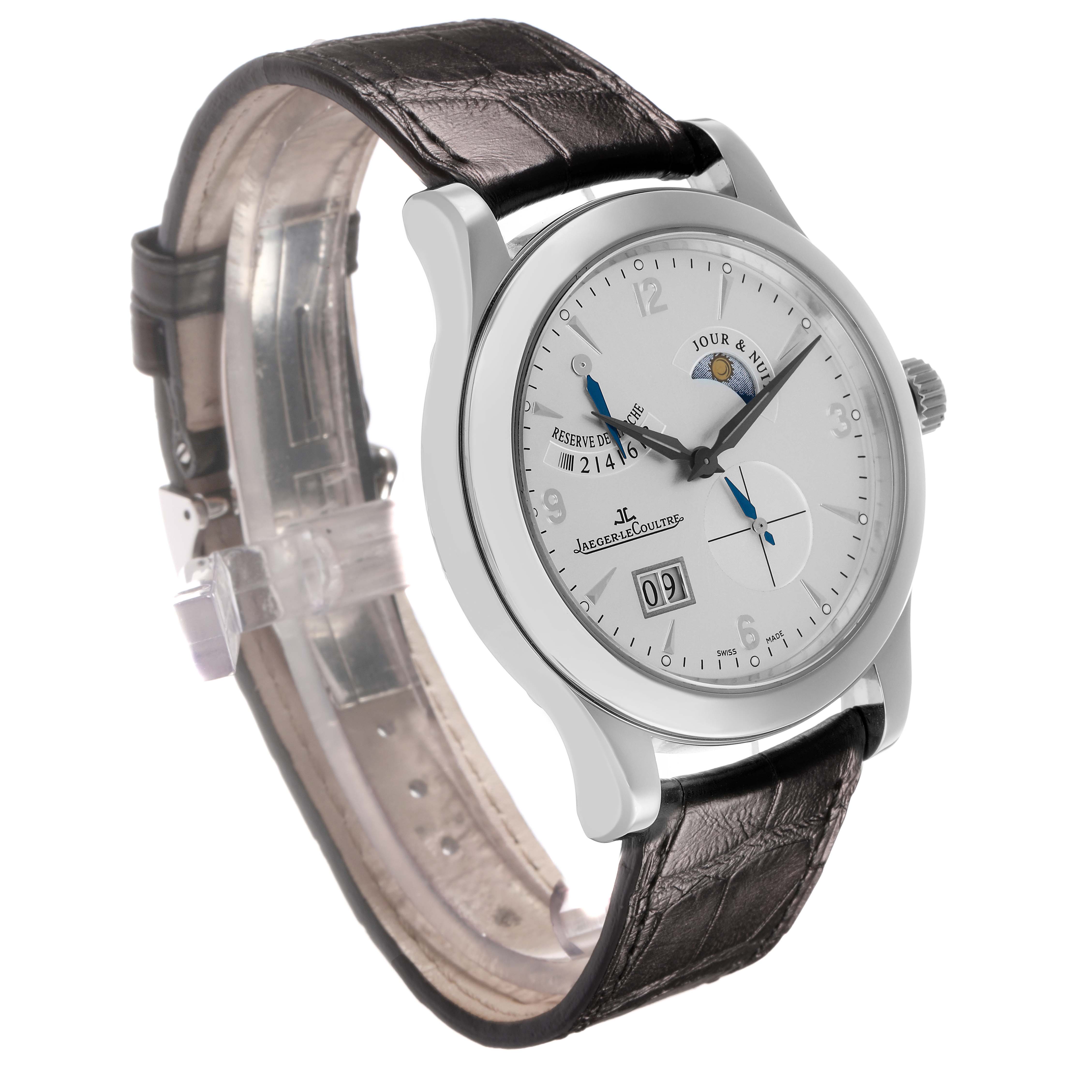 The Jaeger LeCoultre Master Q1608420 Men's Stainless Steel Silver Dial model is shown at a three-quarter angle, highlighting the dial, crown, and leather strap.