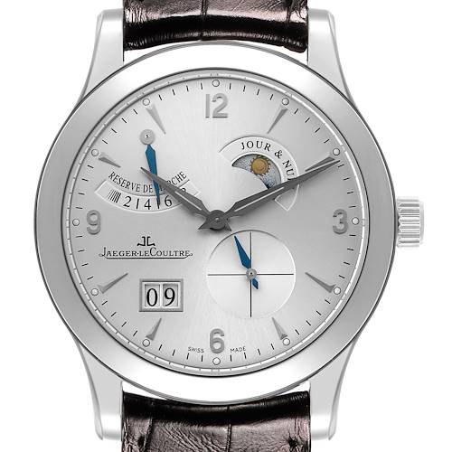 The Jaeger LeCoultre Master Q1608420 Men's Stainless Steel Silver Dial watch is shown from a front angle, displaying its dial, date window, power reserve indicator, and moon phase.