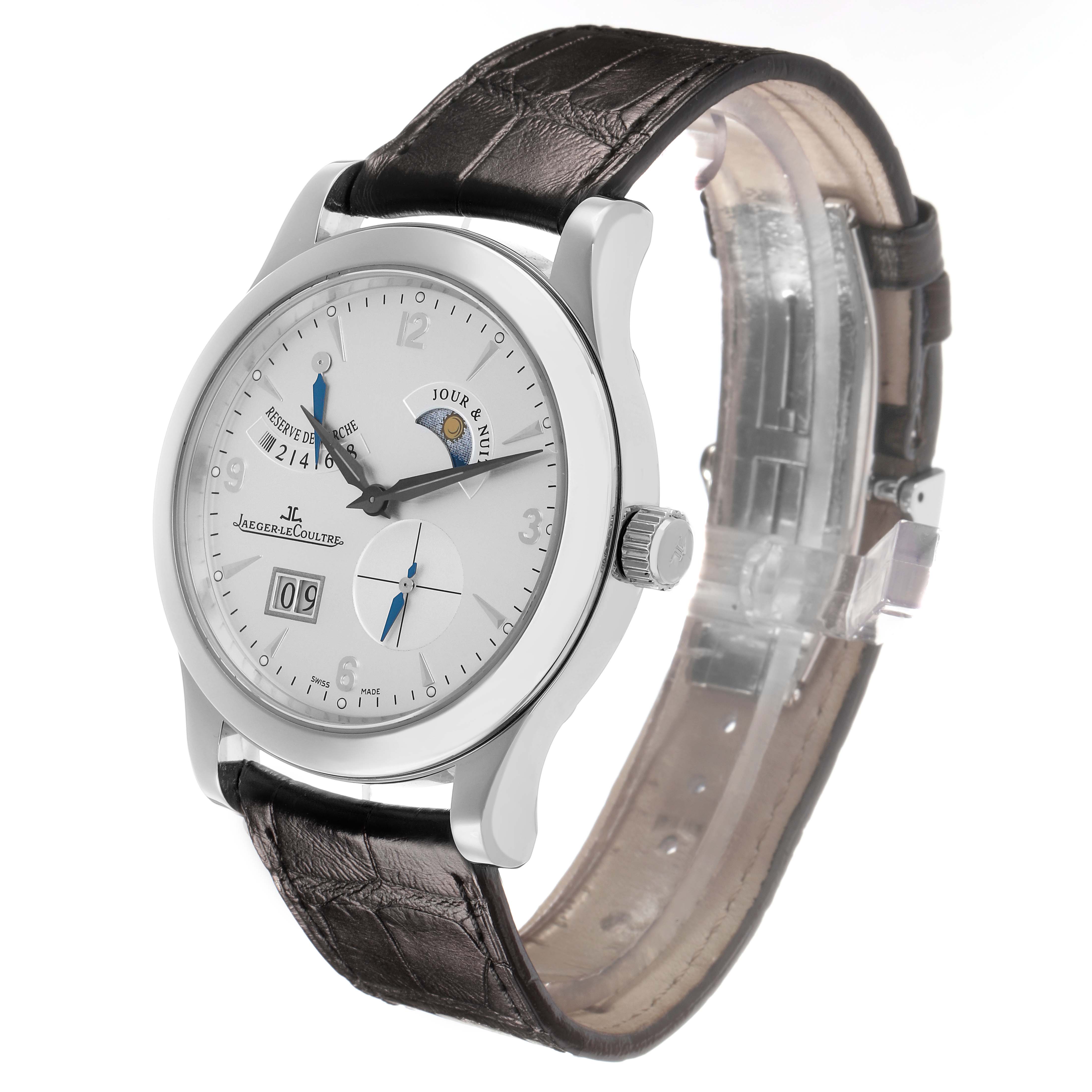 The Jaeger LeCoultre Master Q1608420 Men's Stainless Steel Silver Dial watch is shown at a three-quarter angle, highlighting the dial, bezel, crown, and leather strap.