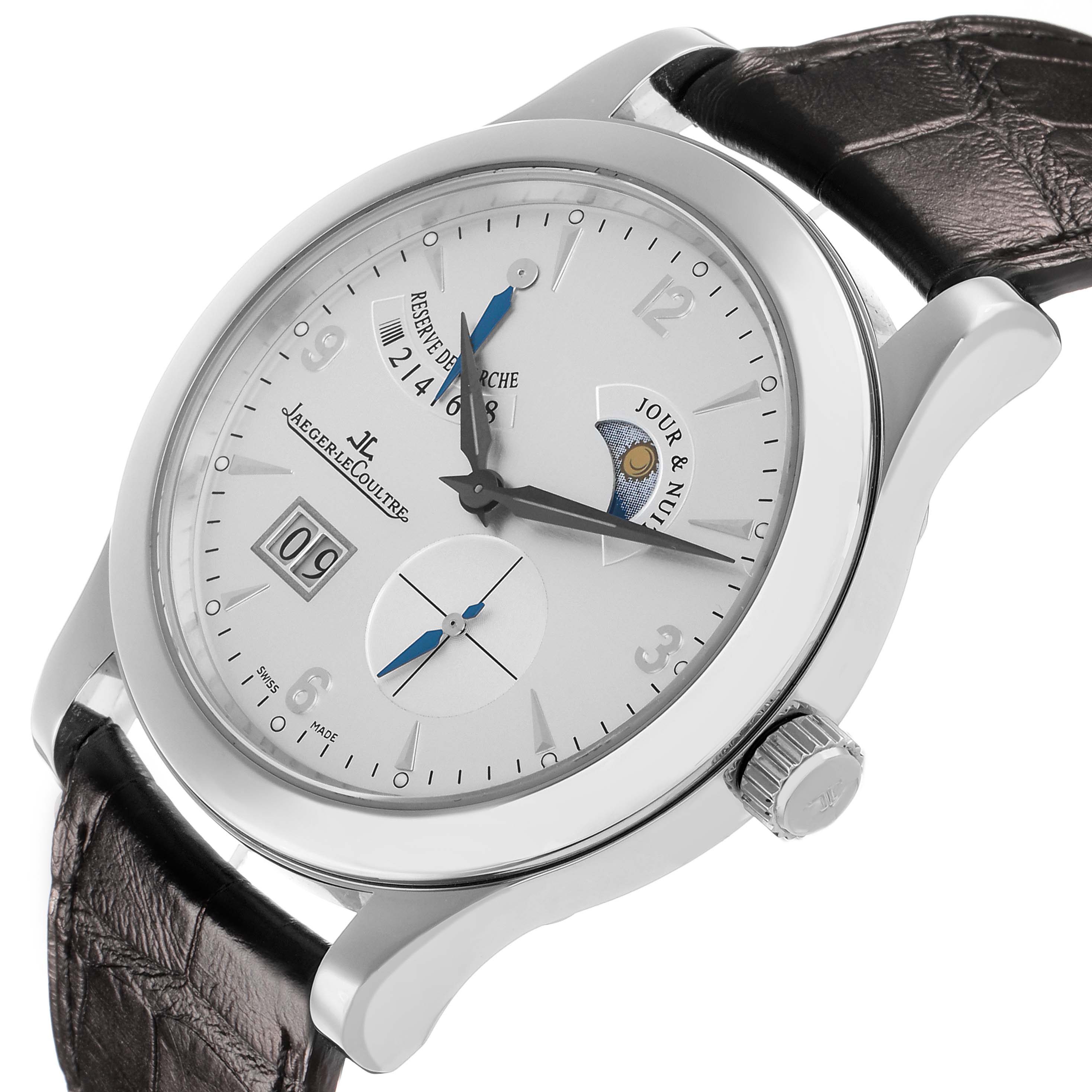 The Jaeger LeCoultre Master Q1608420 Men's Stainless Steel Silver Dial watch is shown at a three-quarter angle, highlighting the dial, crown, and leather strap.