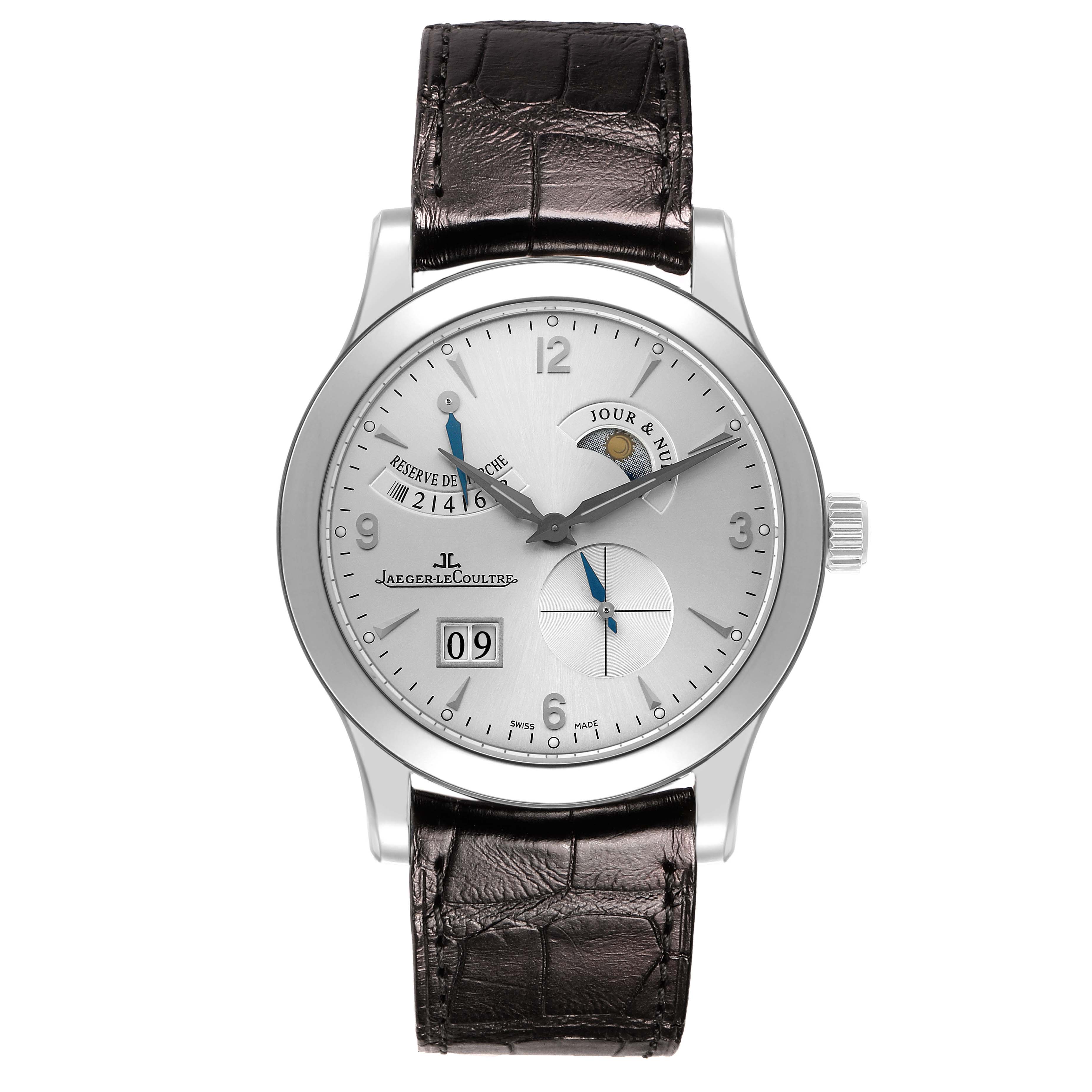 The Jaeger-LeCoultre Master model is shown from a front angle, displaying the dial, hands, subdials, date window, and leather strap.