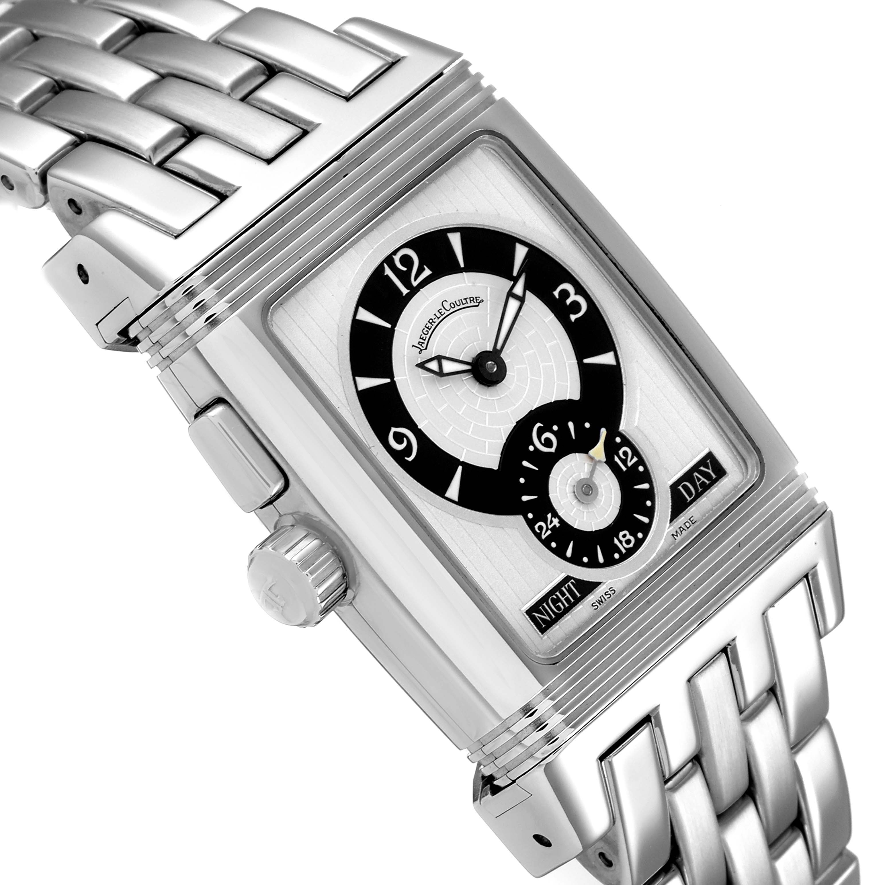 The image shows a Jaeger LeCoultre Reverso 295.8.51 Men's Stainless Steel Silver Dial 295.8.51 Men's Stainless Steel Silver Dial watch at a slight side angle, highlighting its intricate face, crown, and metal bracelet.