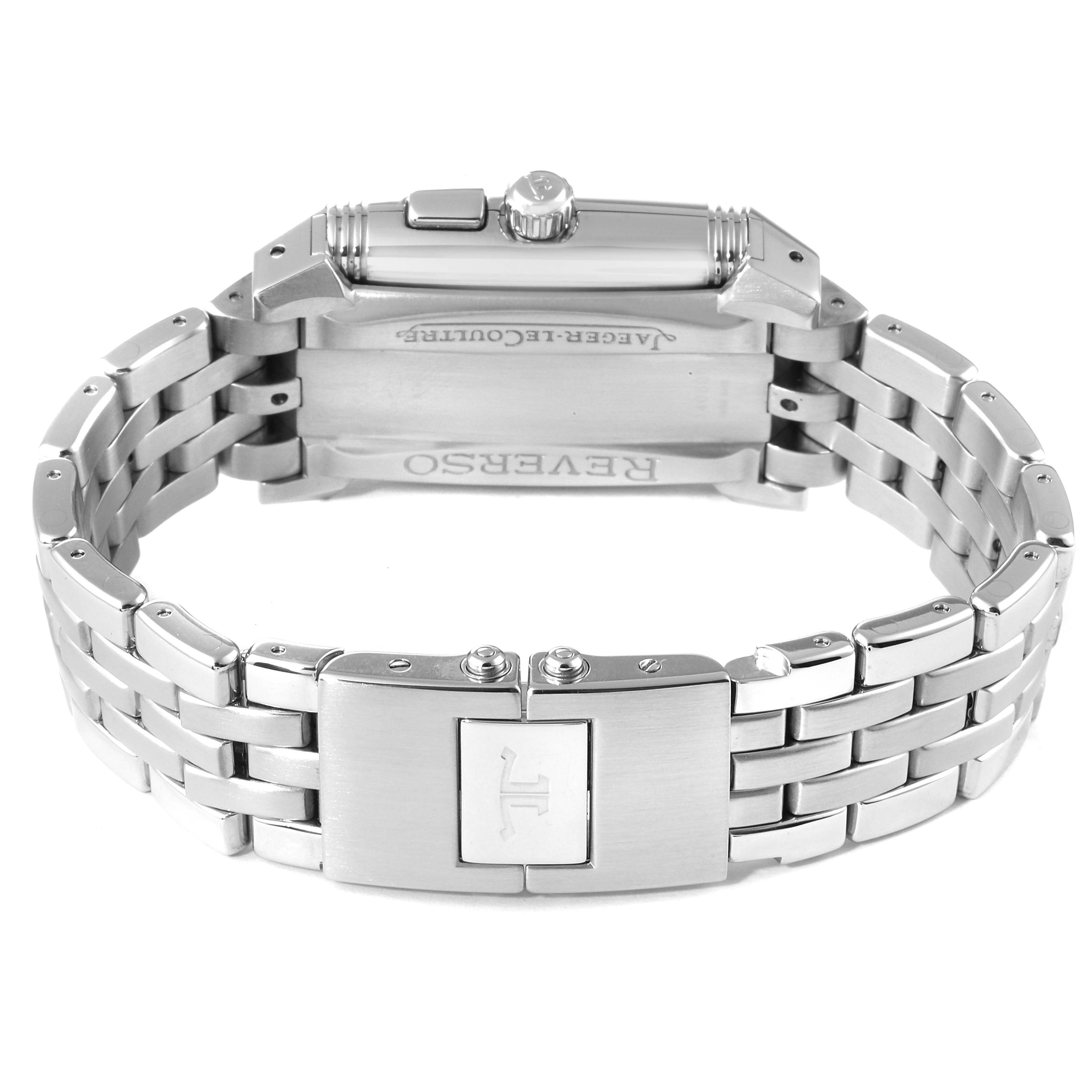 The image shows the clasp and case back of a Jaeger LeCoultre Reverso 295.8.51 Men's Stainless Steel Silver Dial 295.8.51 Men's Stainless Steel Silver Dial watch from a rear-angle view.