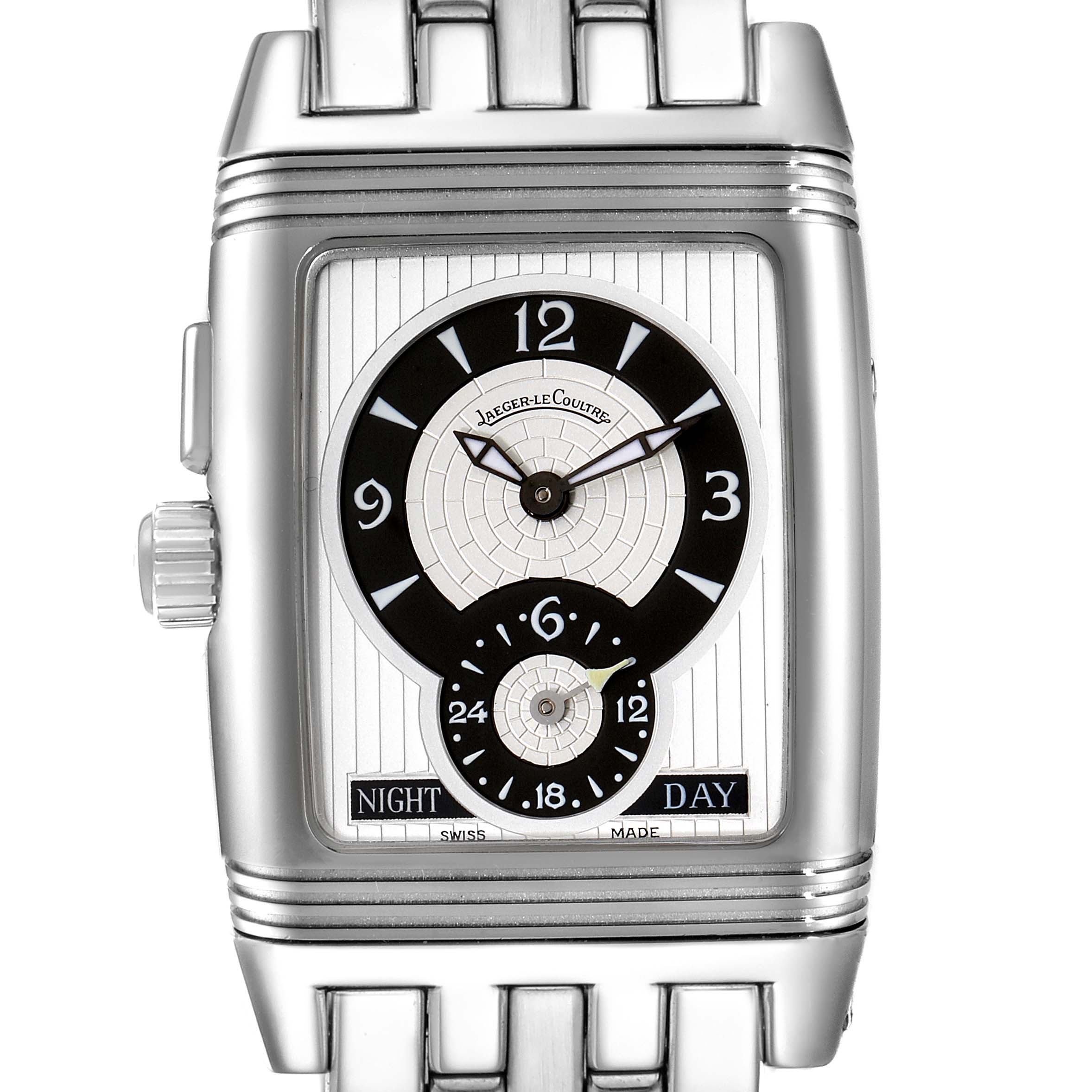 The image shows a front view of the Jaeger-LeCoultre Reverso watch, displaying its dial, hands, and bracelet.