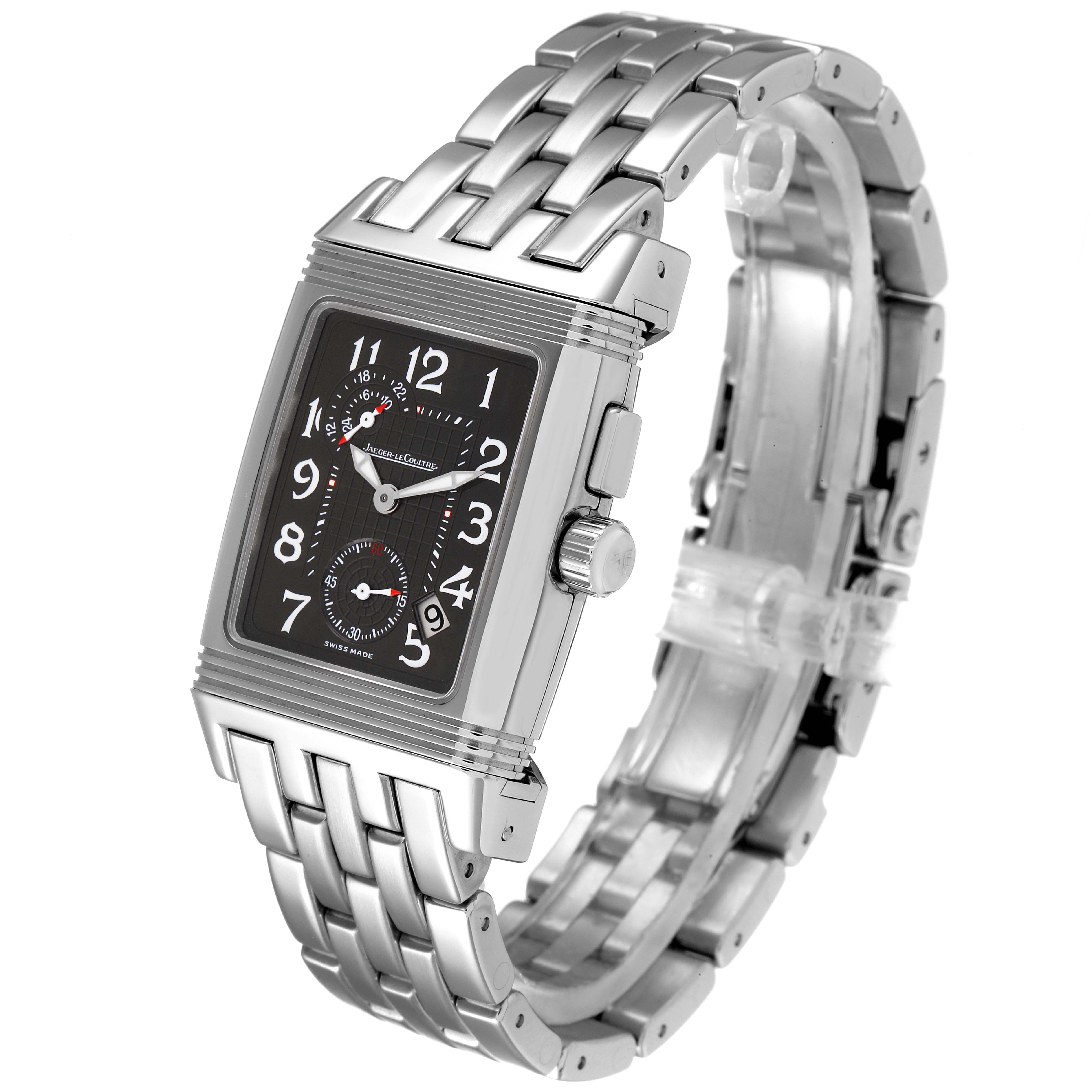 The Jaeger-LeCoultre Reverso watch is shown at a front angle, highlighting its rectangular face and stainless steel bracelet.