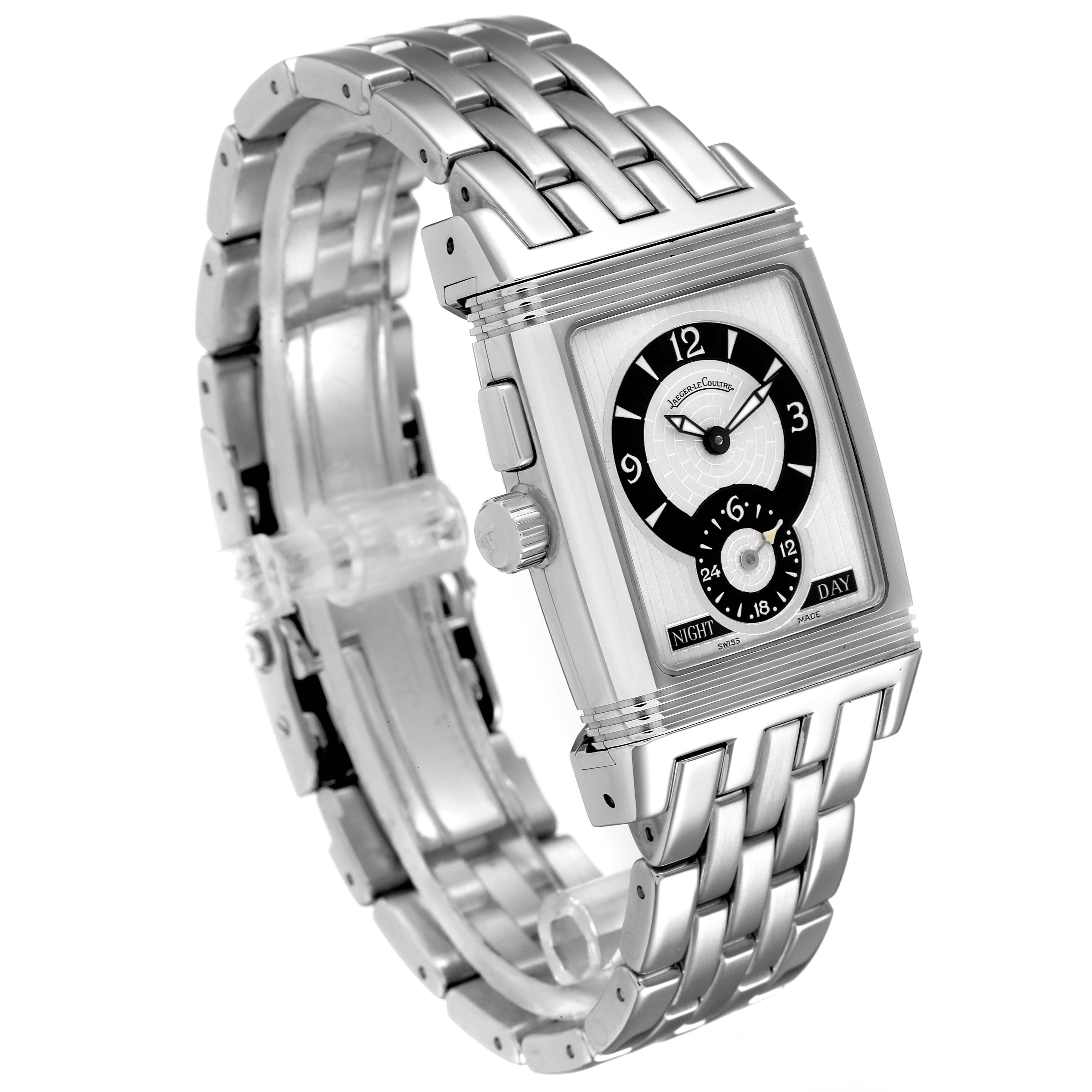 The image shows a silver Jaeger LeCoultre Reverso 295.8.51 Men's Stainless Steel Silver Dial 295.8.51 Men's Stainless Steel Silver Dial watch at a slight angle, displaying its face and bracelet.