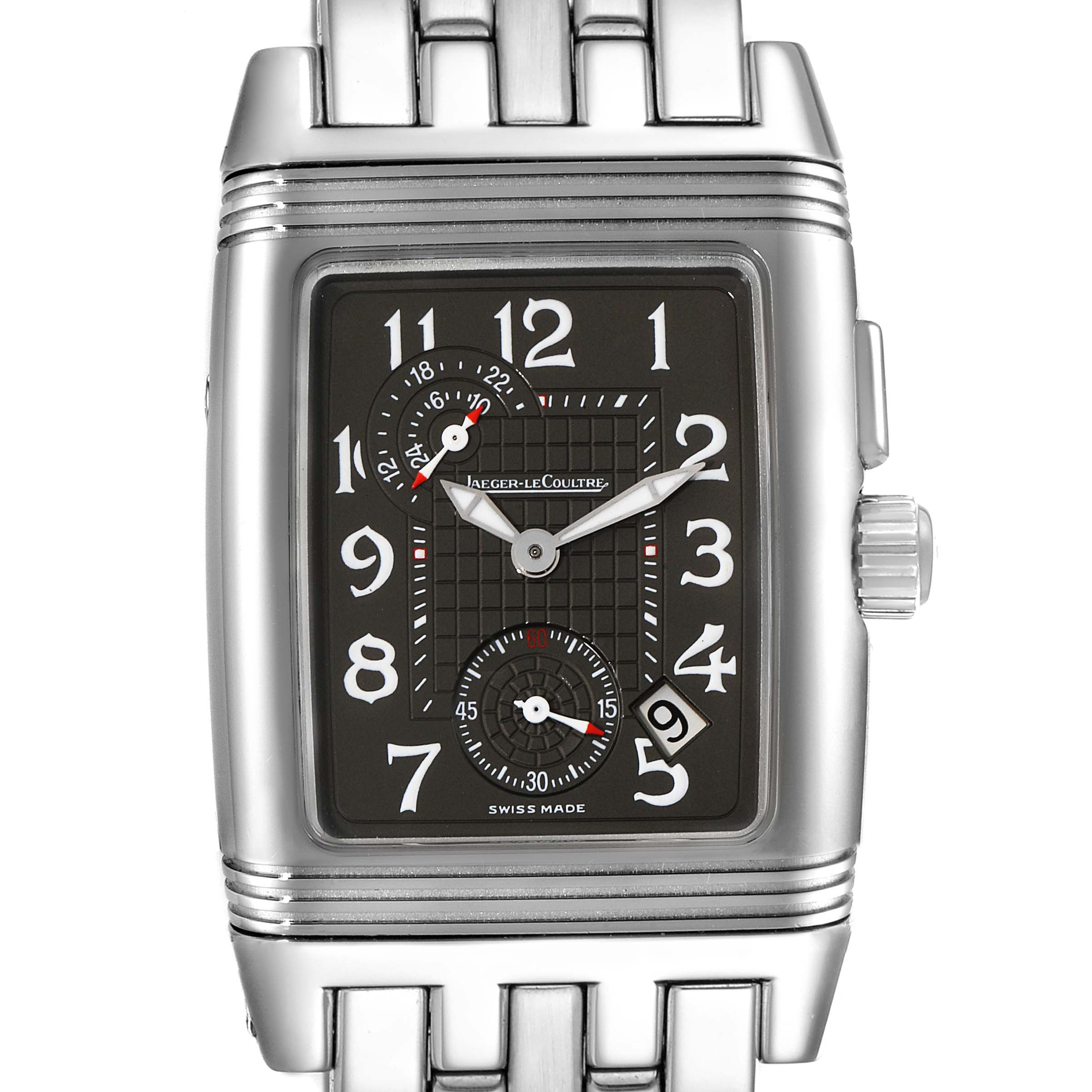 The image shows a frontal view of a Jaeger-LeCoultre Reverso watch, highlighting its dial, numerals, subdials, and crown.
