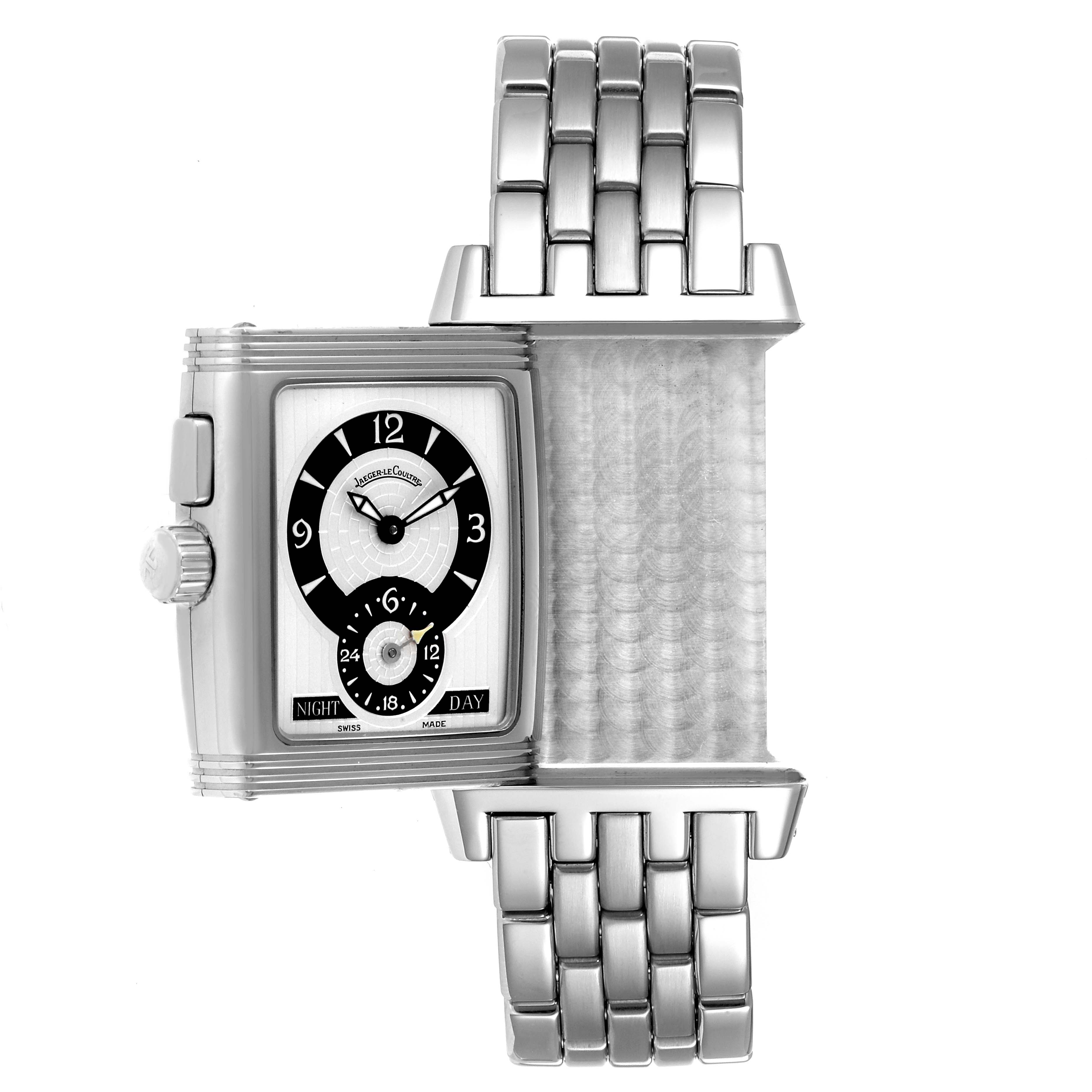 The image shows a Jaeger-LeCoultre Reverso watch from a front angle, focusing on its rectangular face and metallic bracelet.
