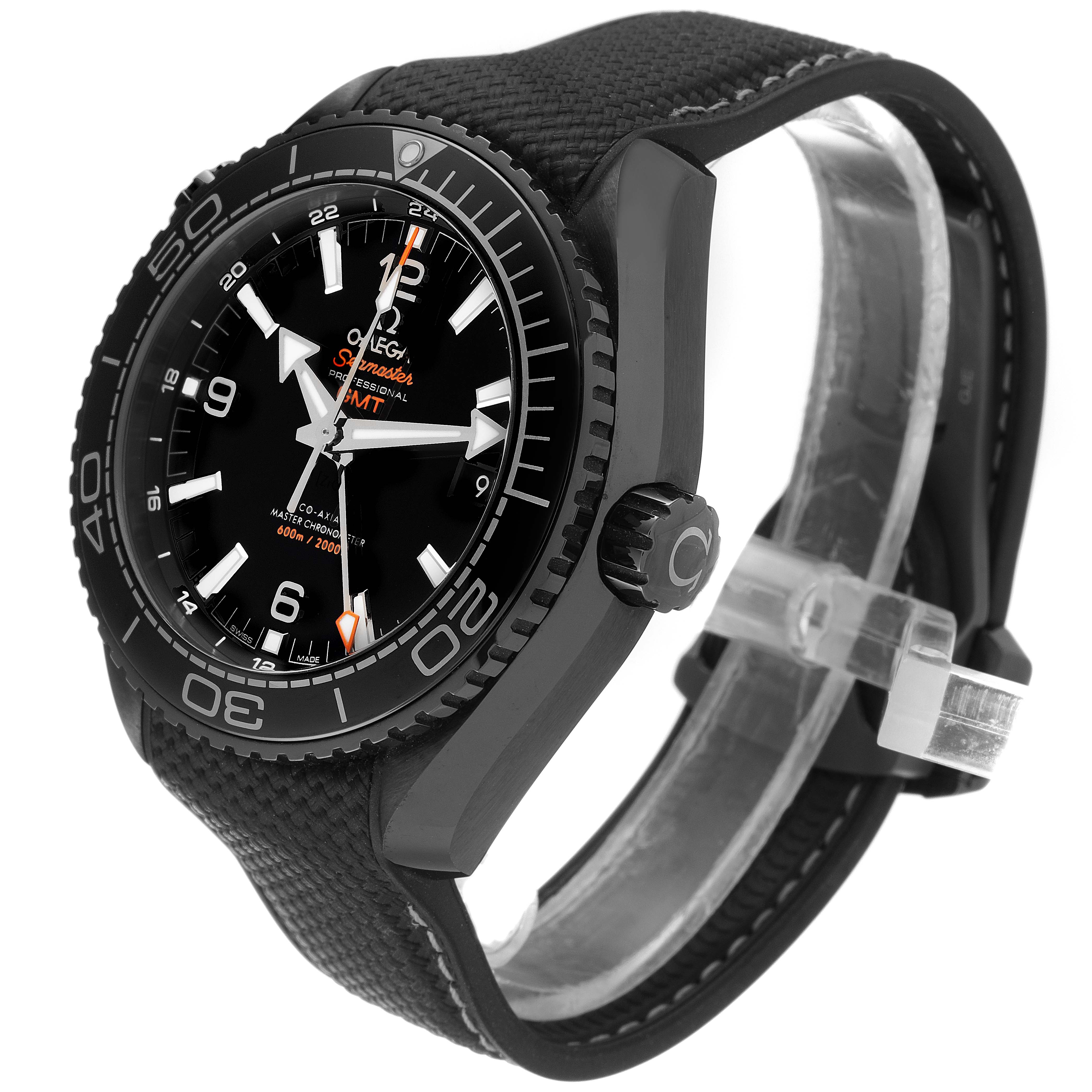 This image shows a side angle of the Omega Planet Ocean 215.92.46.22.01.001 Men's Ceramic Black Dial 215.92.46.22.01.001 Men's Ceramic Black Dial watch, highlighting the bezel, dial, crown, and strap.