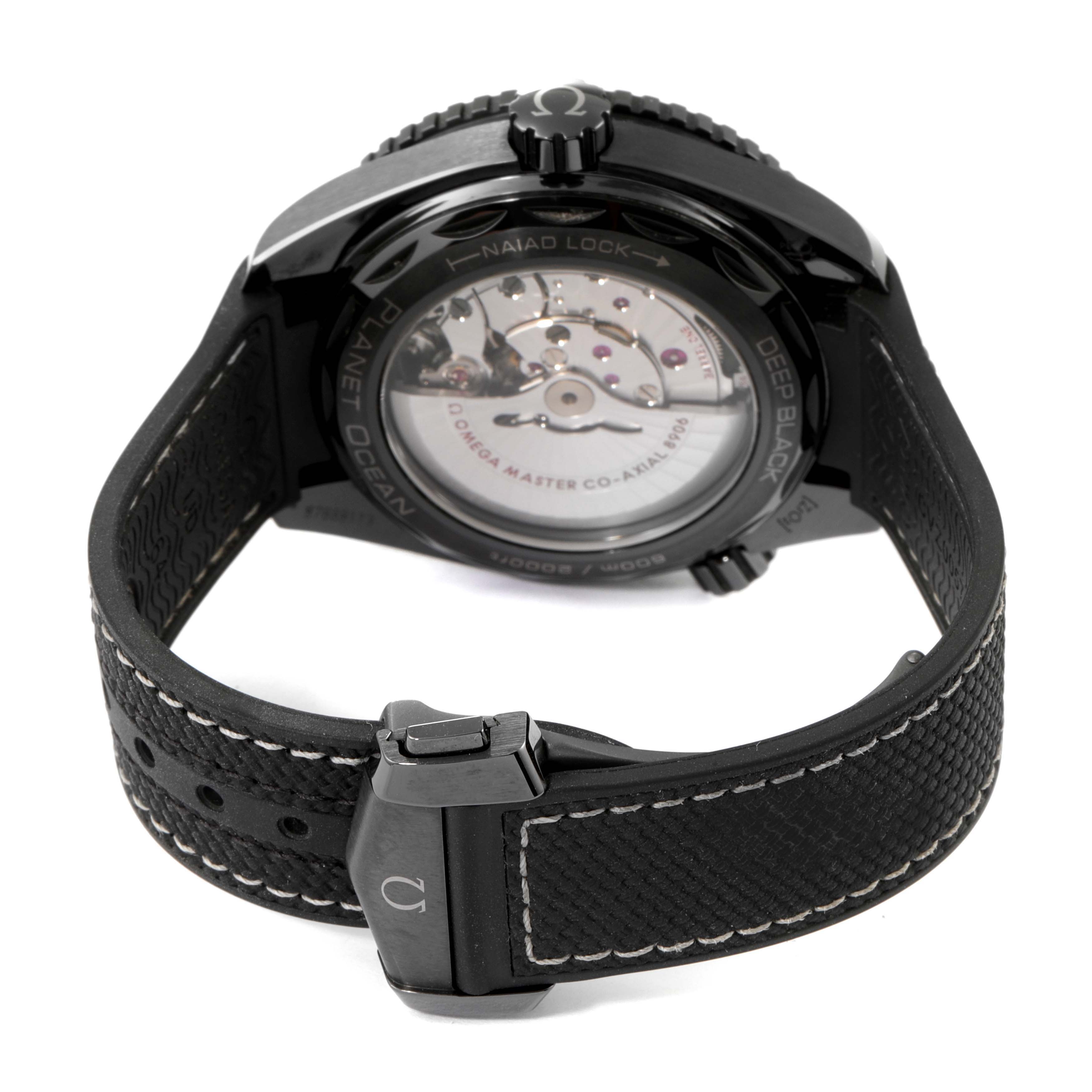 This image shows the back view of the Omega Planet Ocean 215.92.46.22.01.001 Men's Ceramic Black Dial 215.92.46.22.01.001 Men's Ceramic Black Dial model watch, highlighting its strap and transparent case back.