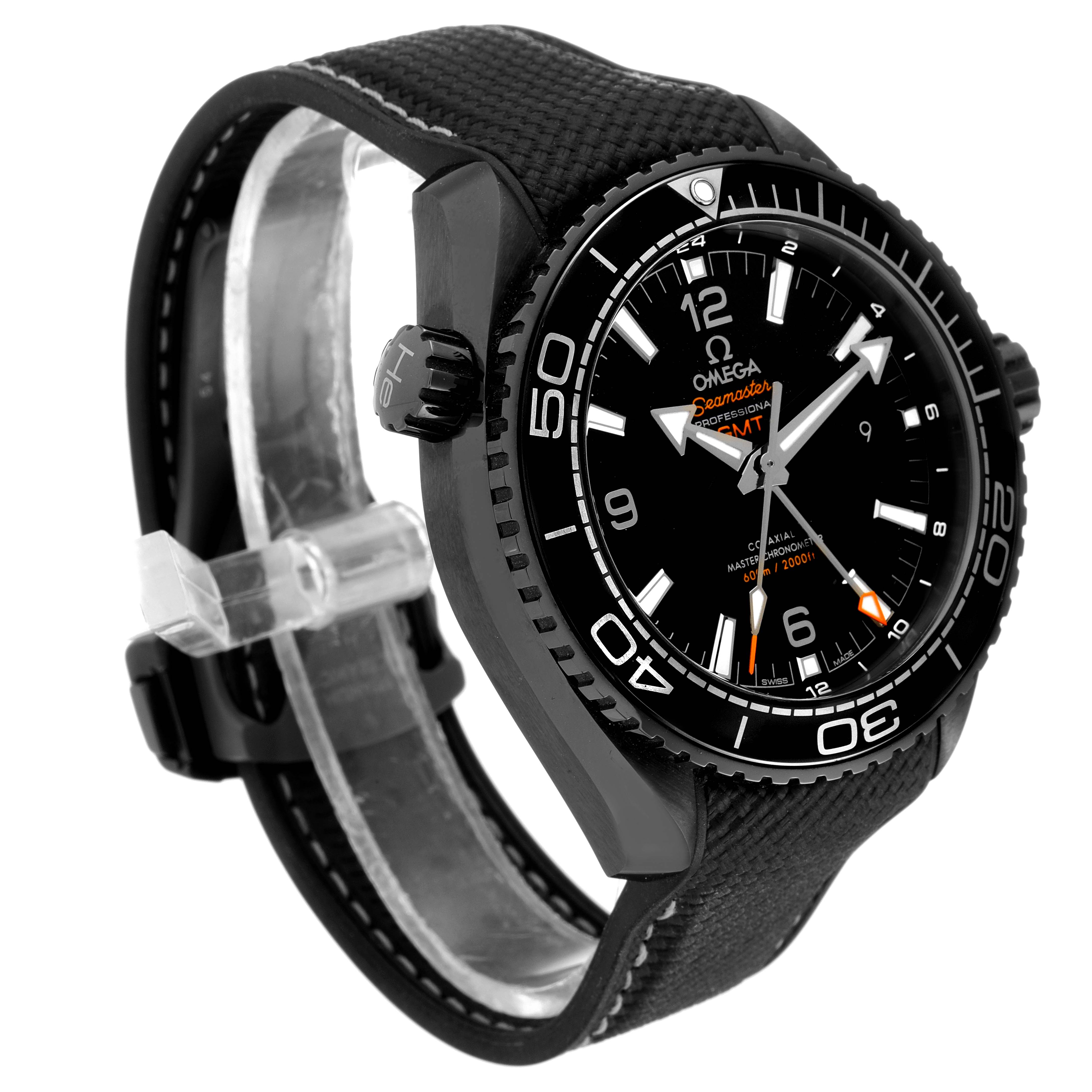The Omega Planet Ocean 215.92.46.22.01.001 Men's Ceramic Black Dial 215.92.46.22.01.001 Men's Ceramic Black Dial watch is shown at an angle highlighting its face, bezel, and part of the strap.