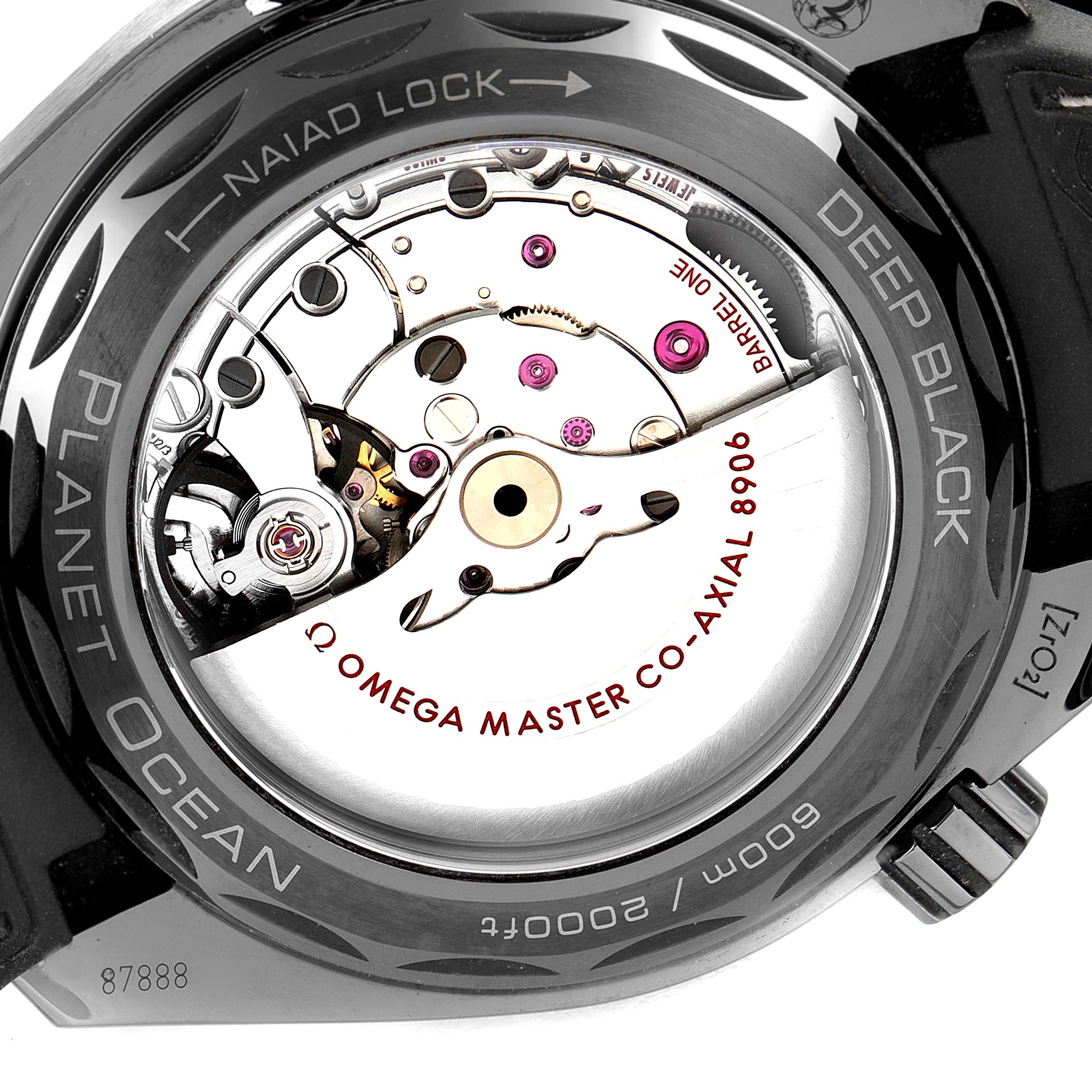The image shows the back view of the Omega Planet Ocean 215.92.46.22.01.001 Men's Ceramic Black Dial 215.92.46.22.01.001 Men's Ceramic Black Dial Deep Black watch, highlighting its Naiad Lock and Co-Axial 8906 mechanism.