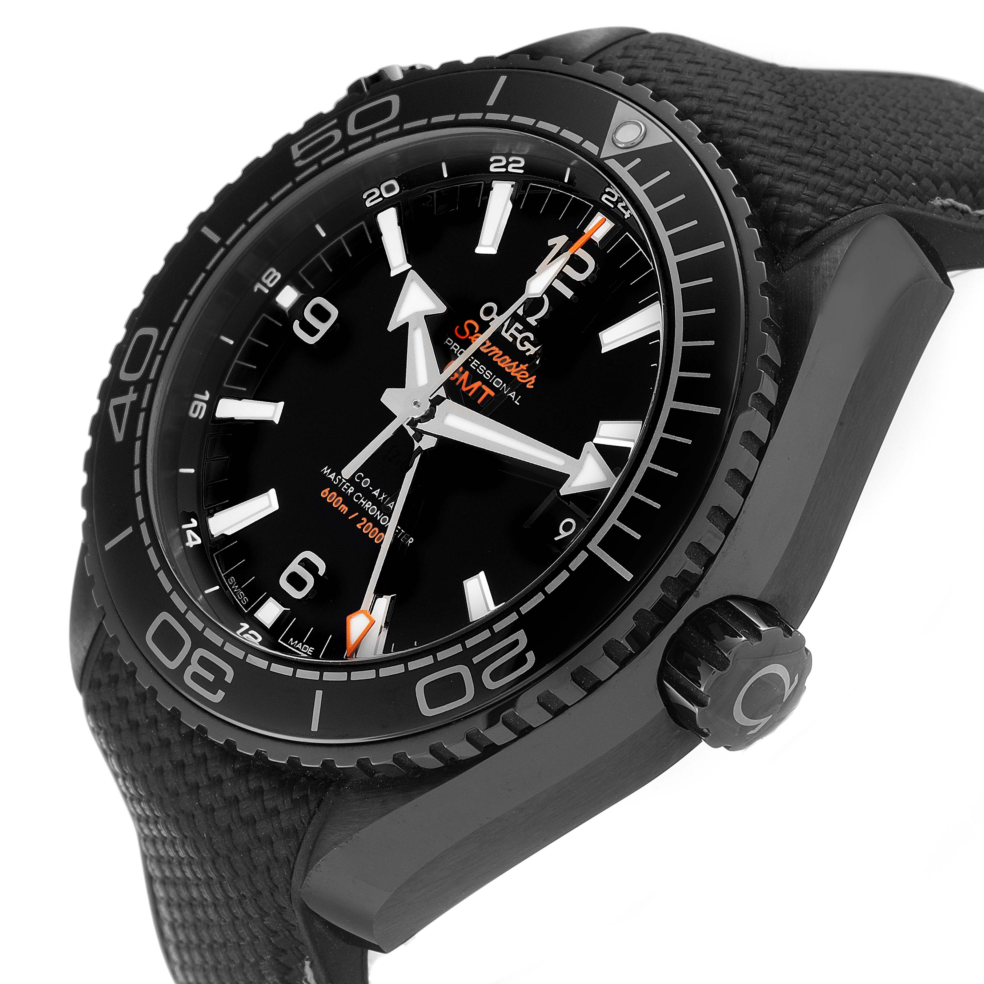 The image shows a side angle view of the Omega Planet Ocean 215.92.46.22.01.001 Men's Ceramic Black Dial 215.92.46.22.01.001 Men's Ceramic Black Dial watch, highlighting the bezel, dial, hands, and crown.