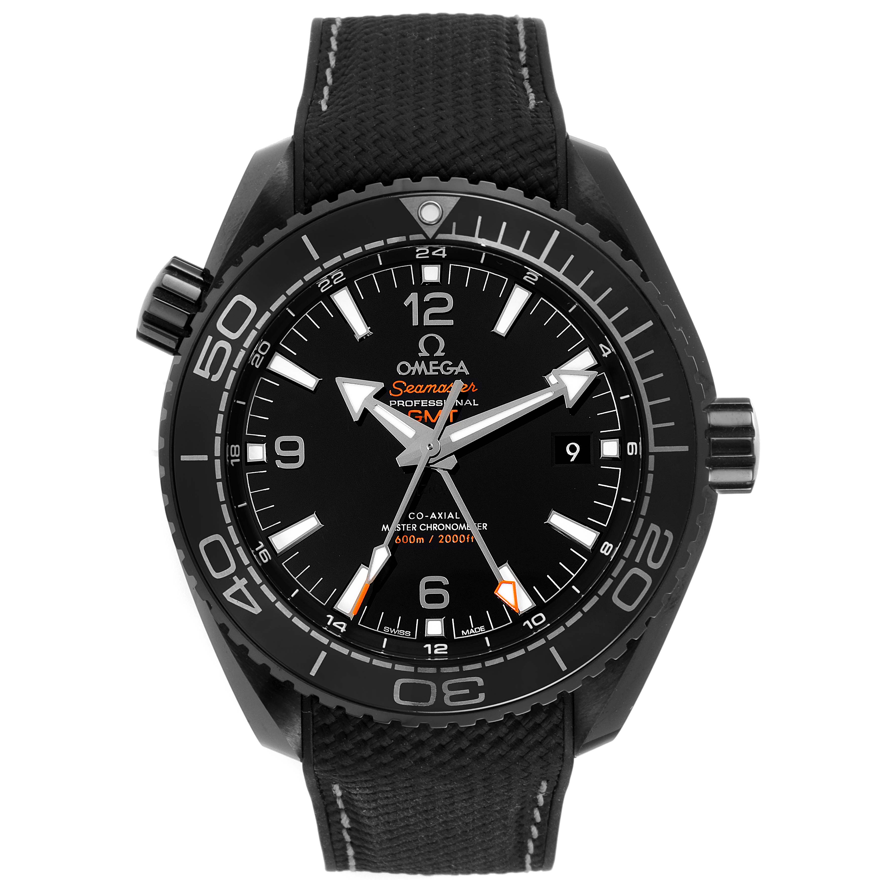The image shows a front view of the Omega Planet Ocean 215.92.46.22.01.001 Men's Ceramic Black Dial 215.92.46.22.01.001 Men's Ceramic Black Dial Seamaster watch, highlighting its black dial, rotating bezel, and fabric strap.