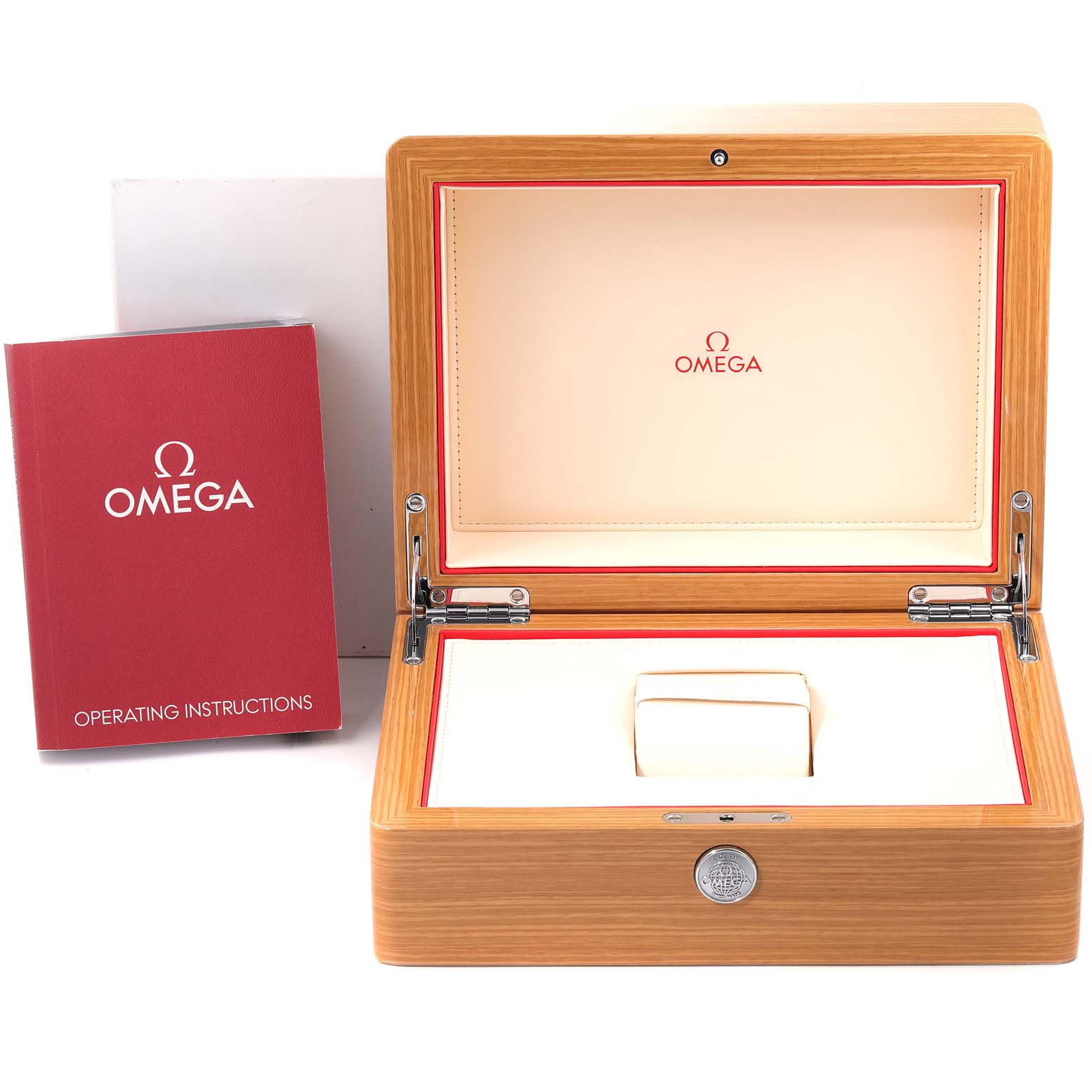 The image shows the open box and operating instructions for the Omega Planet Ocean 215.92.46.22.01.001 Men's Ceramic Black Dial 215.92.46.22.01.001 Men's Ceramic Black Dial model.