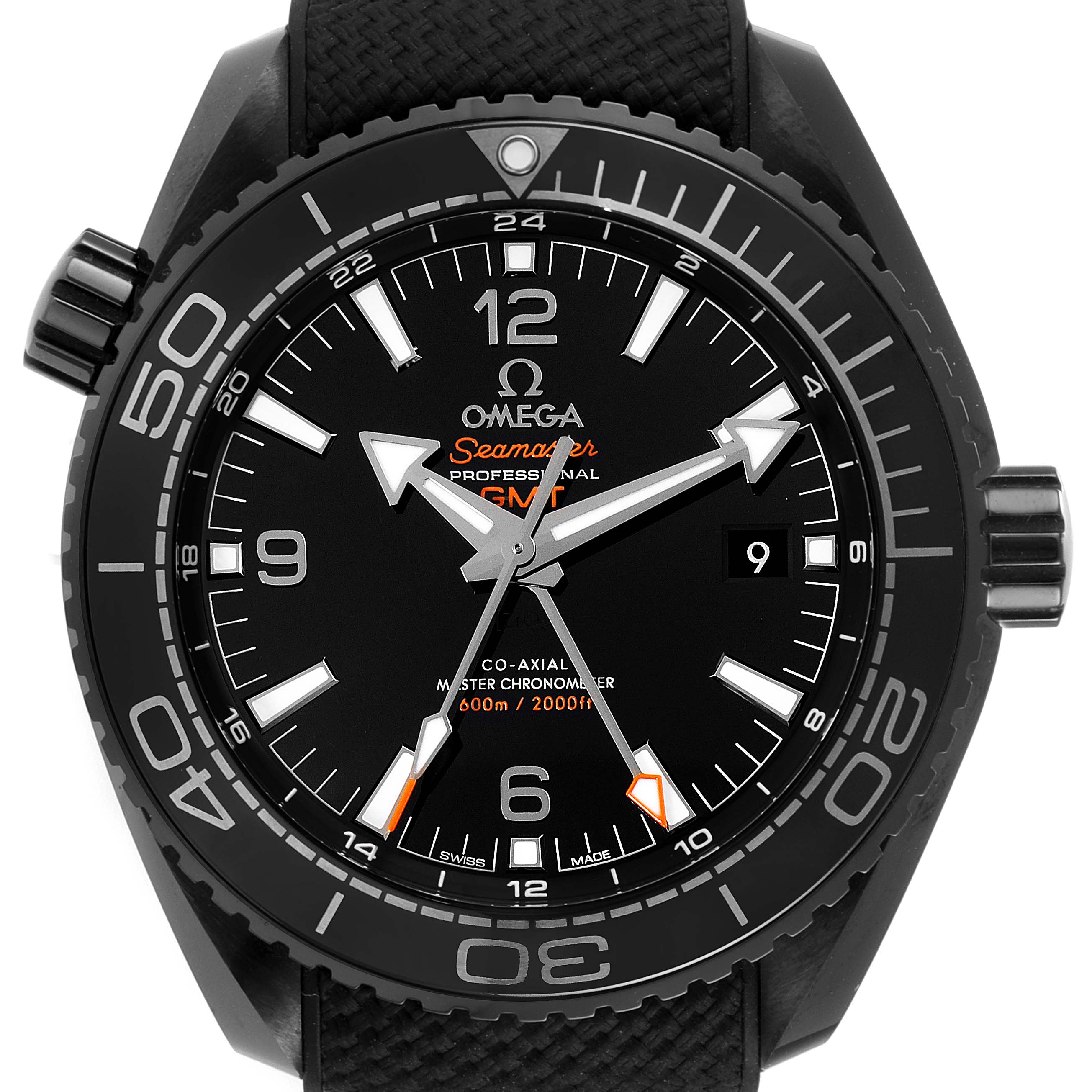 This image shows a front-facing view of the Omega Planet Ocean 215.92.46.22.01.001 Men's Ceramic Black Dial 215.92.46.22.01.001 Men's Ceramic Black Dial watch, highlighting the dial, bezel, and crown.