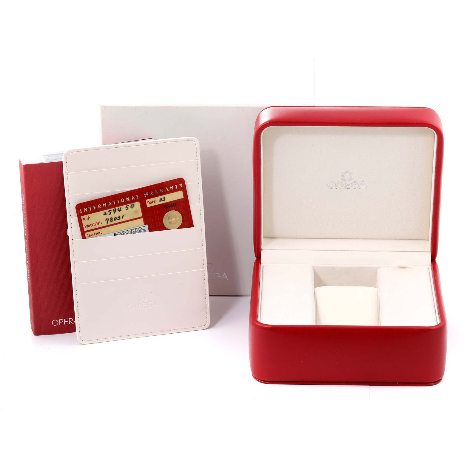 The image shows the Omega Seamaster 2594.50.00 Men's Stainless Steel Black Dial 2594.50.00 Men's Stainless Steel Black Dial watch packaging including the watch box, warranty card holder, and outer box.