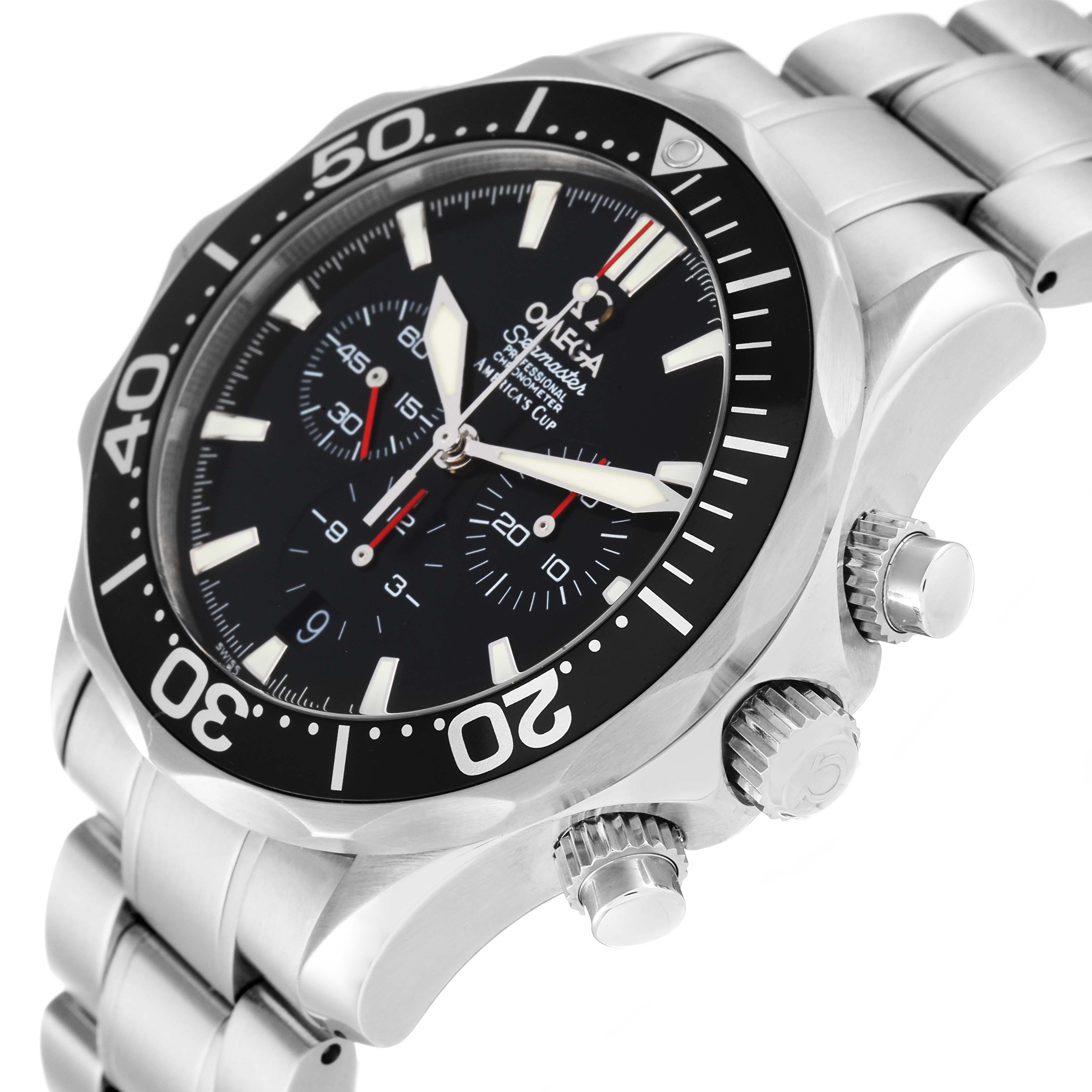 The image shows an angled close-up of an Omega Seamaster 2594.50.00 Men's Stainless Steel Black Dial 2594.50.00 Men's Stainless Steel Black Dial, highlighting its bezel, dial, and crown.