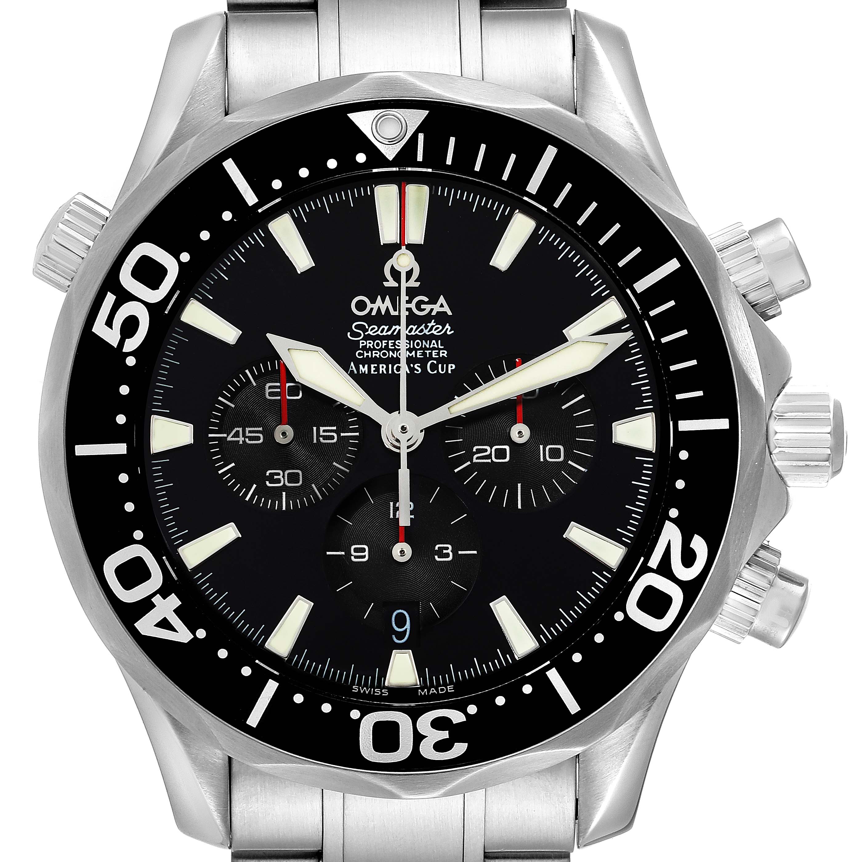 This is a front view of the Omega Seamaster 2594.50.00 Men's Stainless Steel Black Dial 2594.50.00 Men's Stainless Steel Black Dial watch, showcasing its bezel, face, dials, and stainless steel strap.