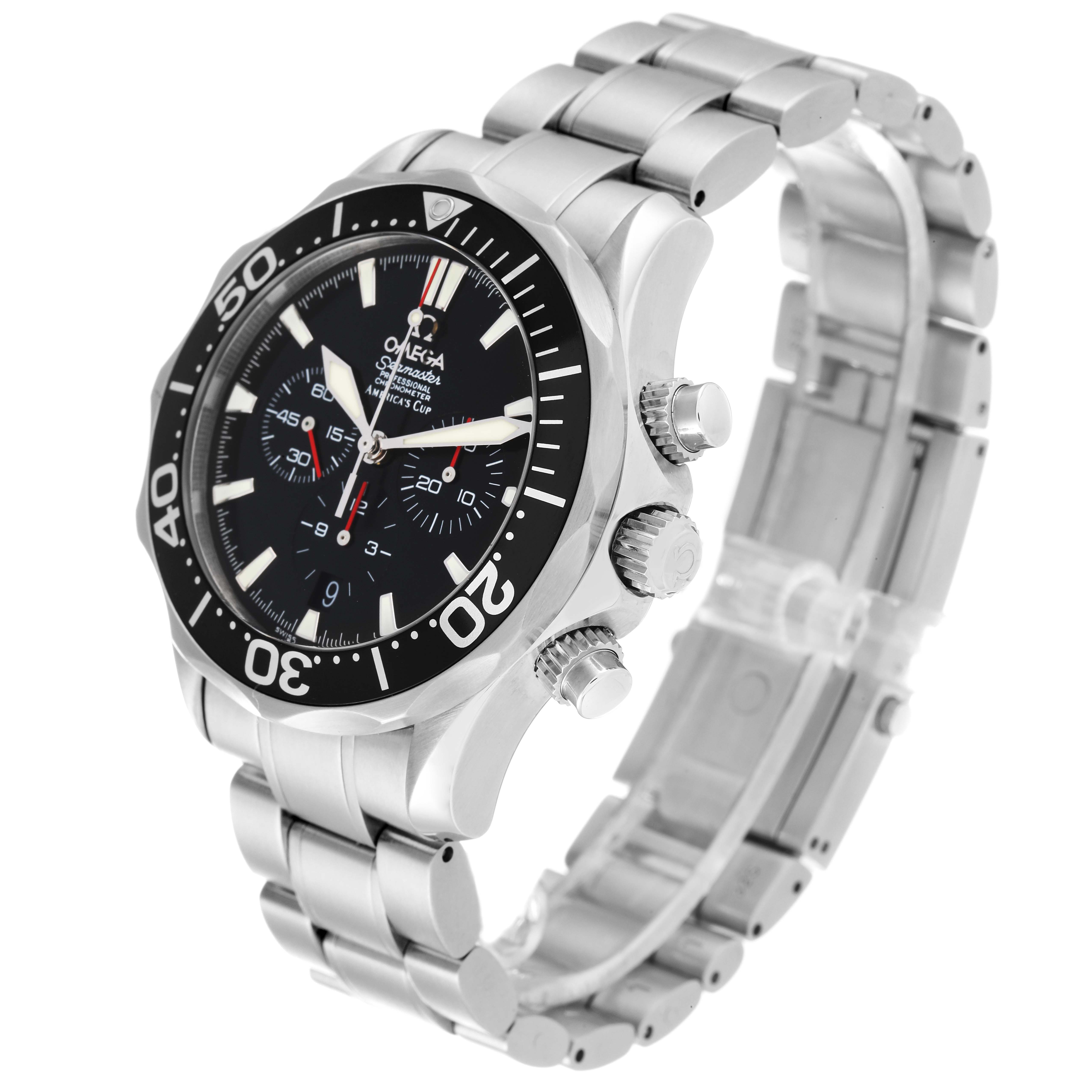 The image shows an angled view of the Omega Seamaster 2594.50.00 Men's Stainless Steel Black Dial 2594.50.00 Men's Stainless Steel Black Dial watch, displaying the face, bezel, crown, and stainless steel bracelet.