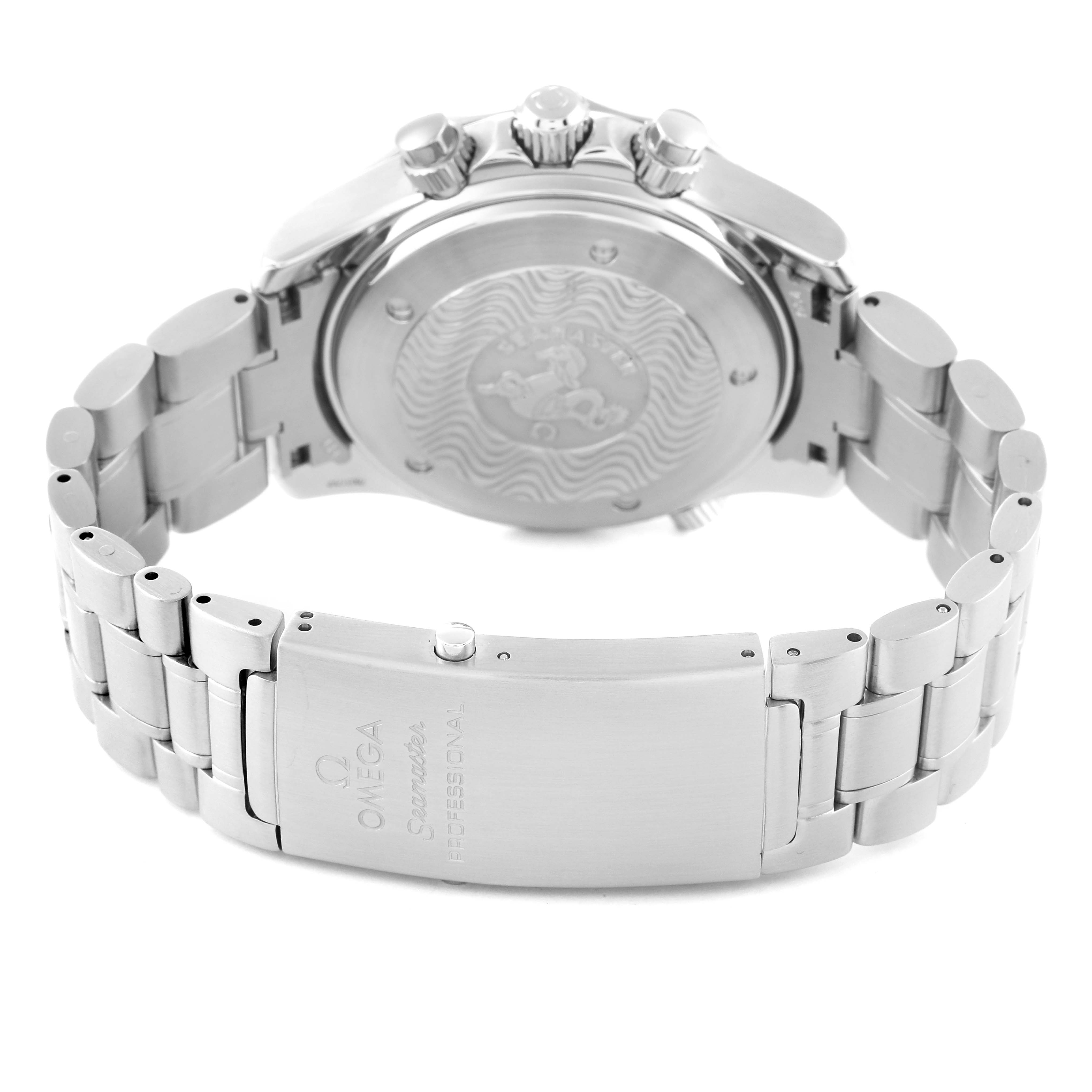 The image shows the back case, crown, and bracelet with clasp of the Omega Seamaster 2594.50.00 Men's Stainless Steel Black Dial 2594.50.00 Men's Stainless Steel Black Dial watch from a rear angle.