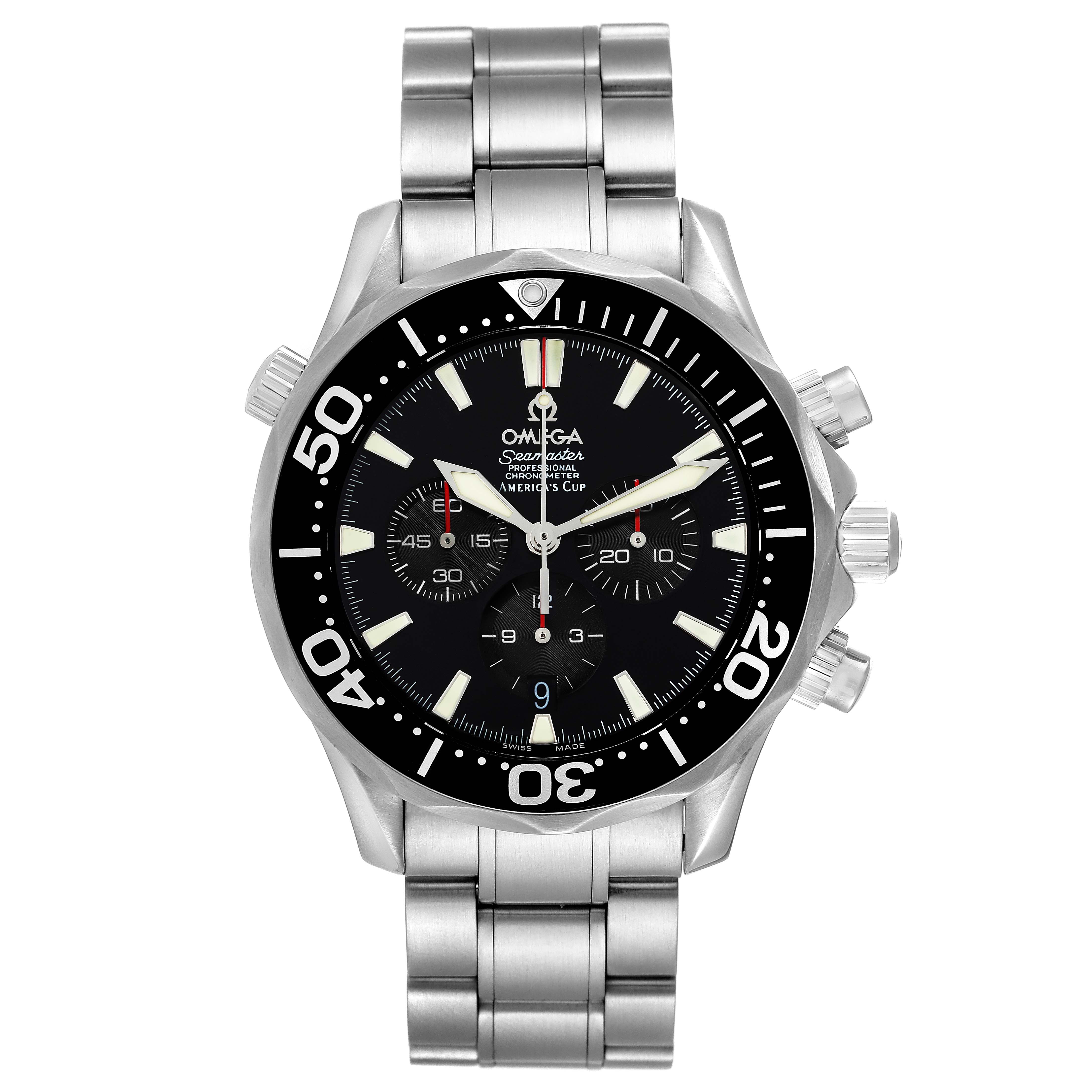 The image shows a front view of an Omega Seamaster 2594.50.00 Men's Stainless Steel Black Dial 2594.50.00 Men's Stainless Steel Black Dial watch, highlighting the dial, bezel, chronograph sub-dials, and metal bracelet.