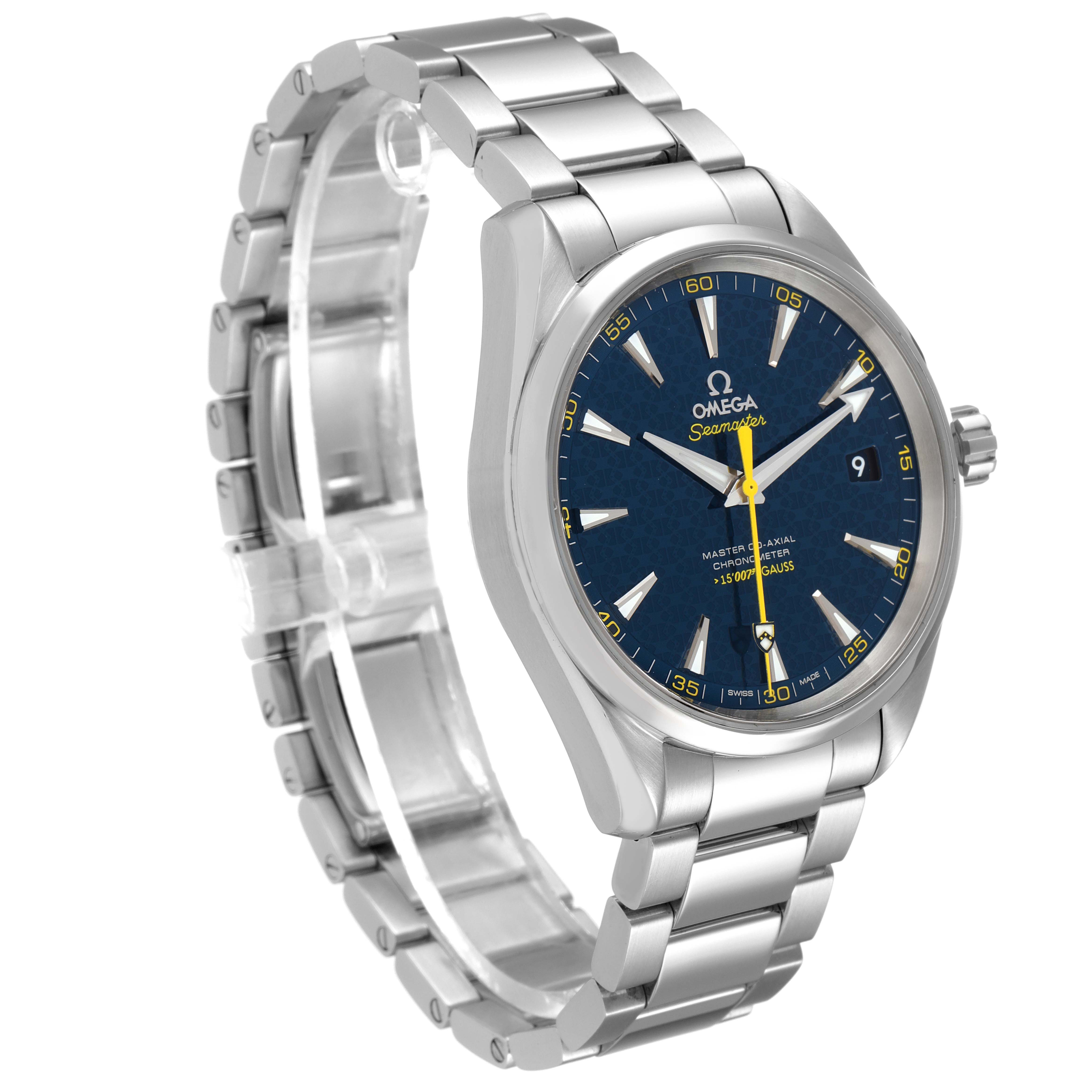 The Omega Aqua Terra 231.10.42.21.03.004 Men's Stainless Steel Blue Dial 231.10.42.21.03.004 Men's Stainless Steel Blue Dial watch is shown at an angled view highlighting its face, bezel, crown, and metal bracelet.