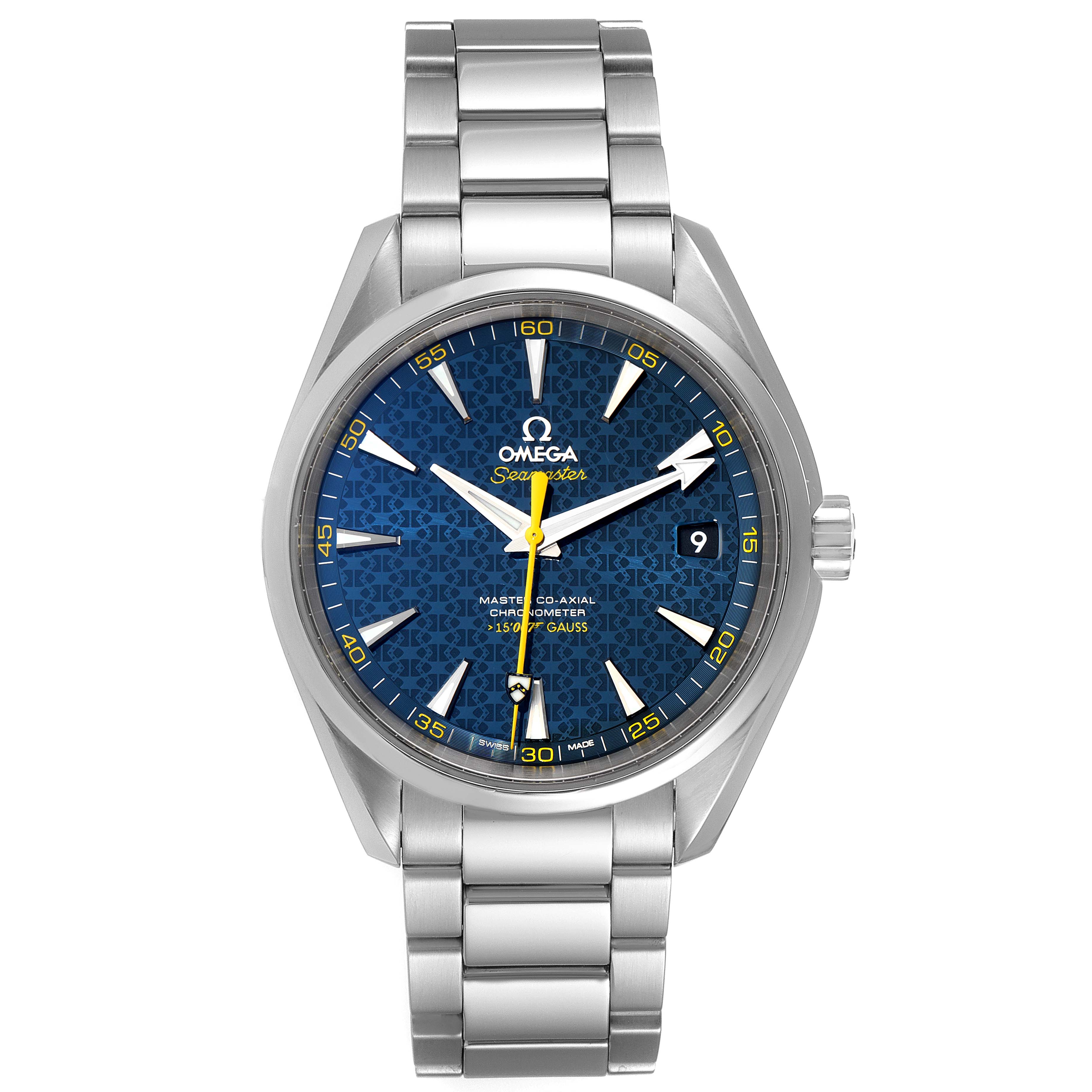 The image shows a front view of the Omega Aqua Terra 231.10.42.21.03.004 Men's Stainless Steel Blue Dial 231.10.42.21.03.004 Men's Stainless Steel Blue Dial watch, featuring a blue dial, date window, and a stainless steel bracelet.