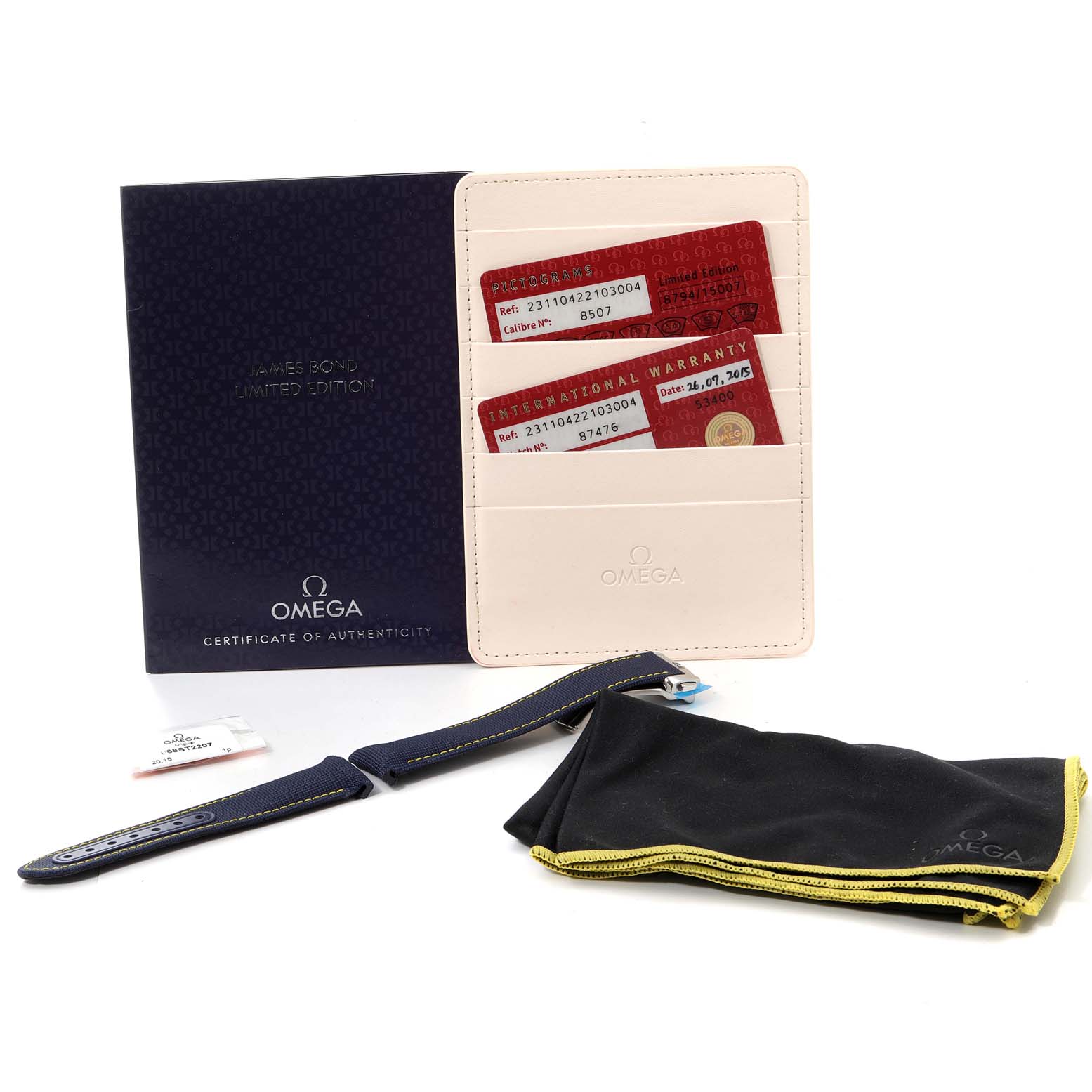 The image shows the Omega Aqua Terra 231.10.42.21.03.004 Men's Stainless Steel Blue Dial 231.10.42.21.03.004 Men's Stainless Steel Blue Dial watch accessories including a certificate holder, international warranty cards, a strap, and a cleaning cloth.