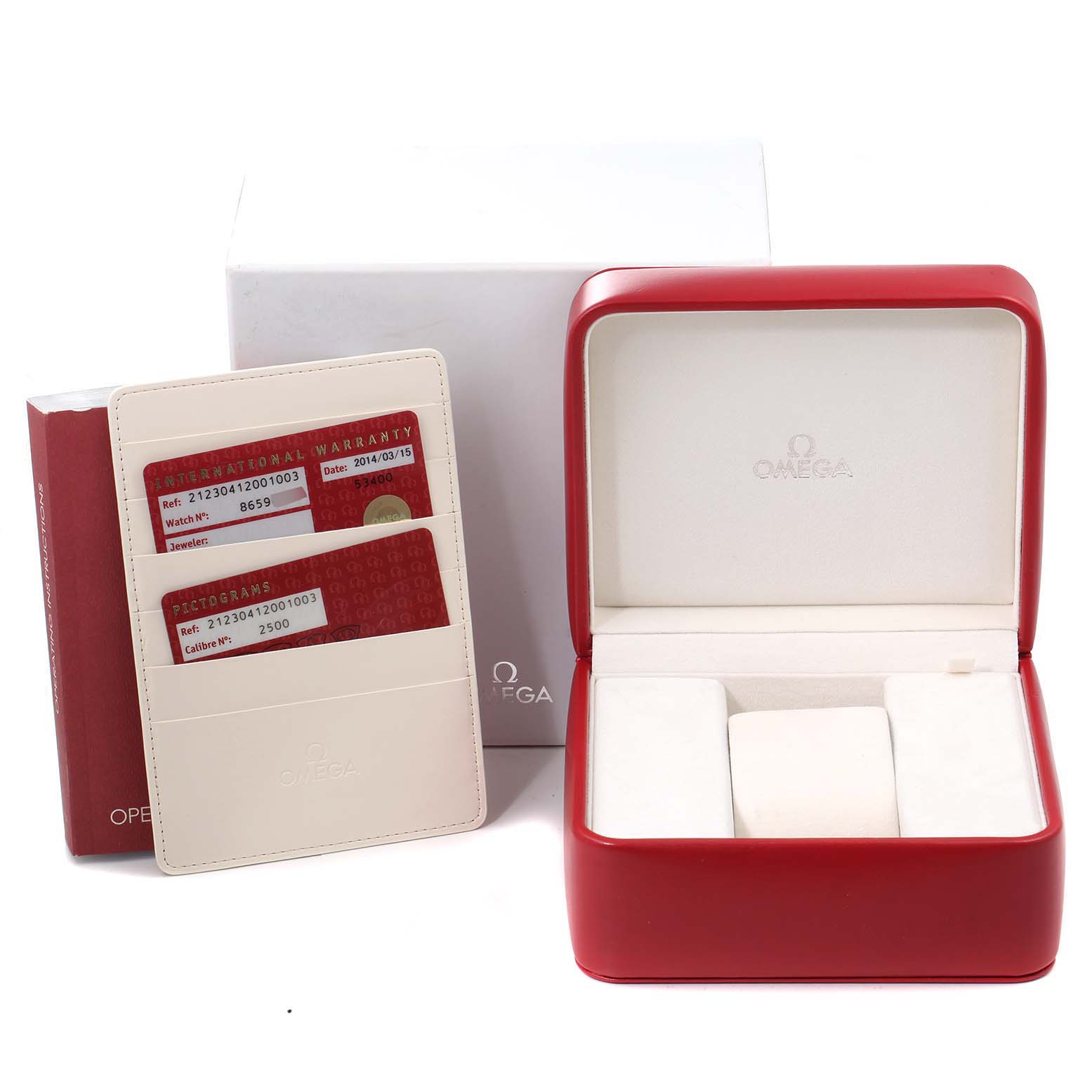 The image shows the Omega Seamaster 212.30.41.20.01.003 Men's Stainless Steel Black Dial 212.30.41.20.01.003 Men's Stainless Steel Black Dial watch's box, warranty cards, and instruction manual from a front angle.