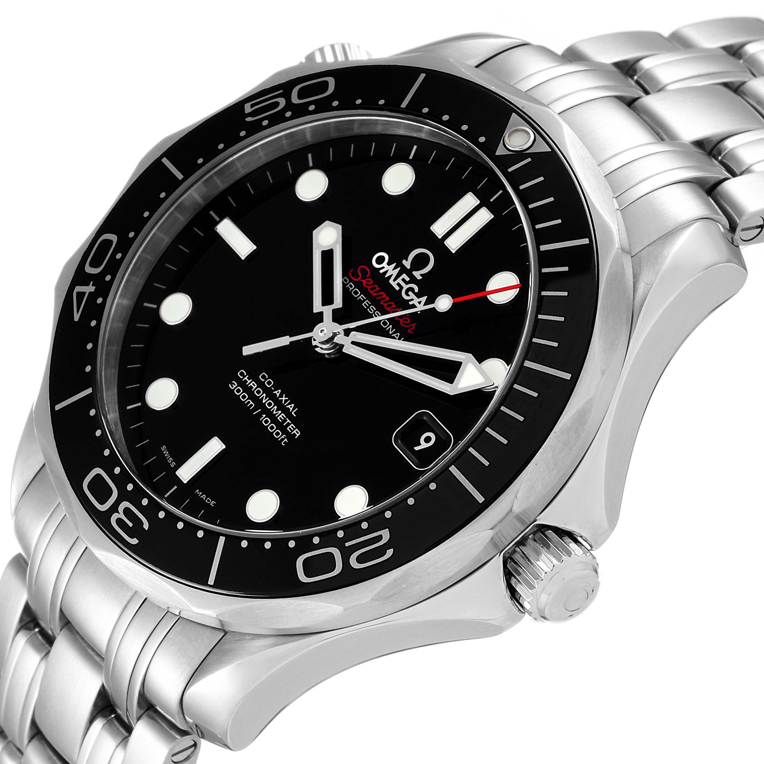 The image shows a close-up angle of the Omega Seamaster 212.30.41.20.01.003 Men's Stainless Steel Black Dial 212.30.41.20.01.003 Men's Stainless Steel Black Dial watch, highlighting the dial, bezel, bracelet, and crown.