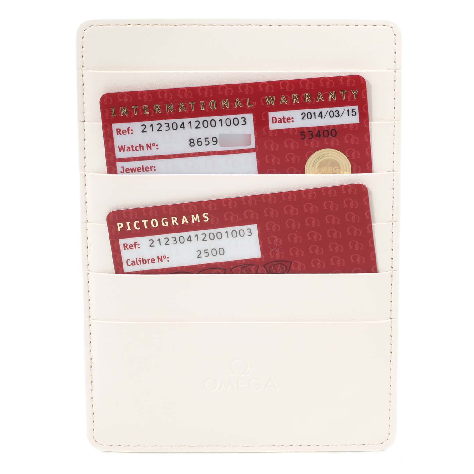 The image shows an Omega Seamaster 212.30.41.20.01.003 Men's Stainless Steel Black Dial 212.30.41.20.01.003 Men's Stainless Steel Black Dial watch cardholder with international warranty and pictogram cards.