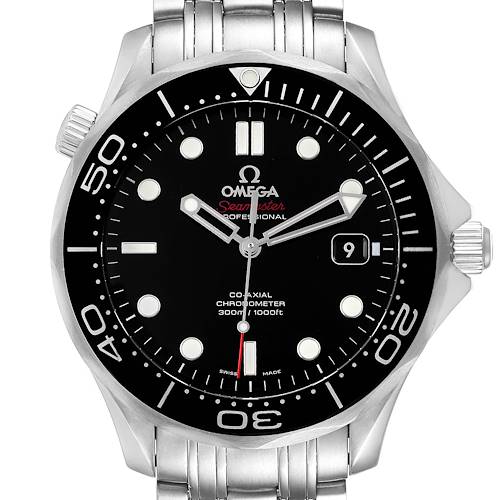 This image shows a front view of an Omega Seamaster watch, highlighting the dial, bezel, crown, and part of the bracelet.