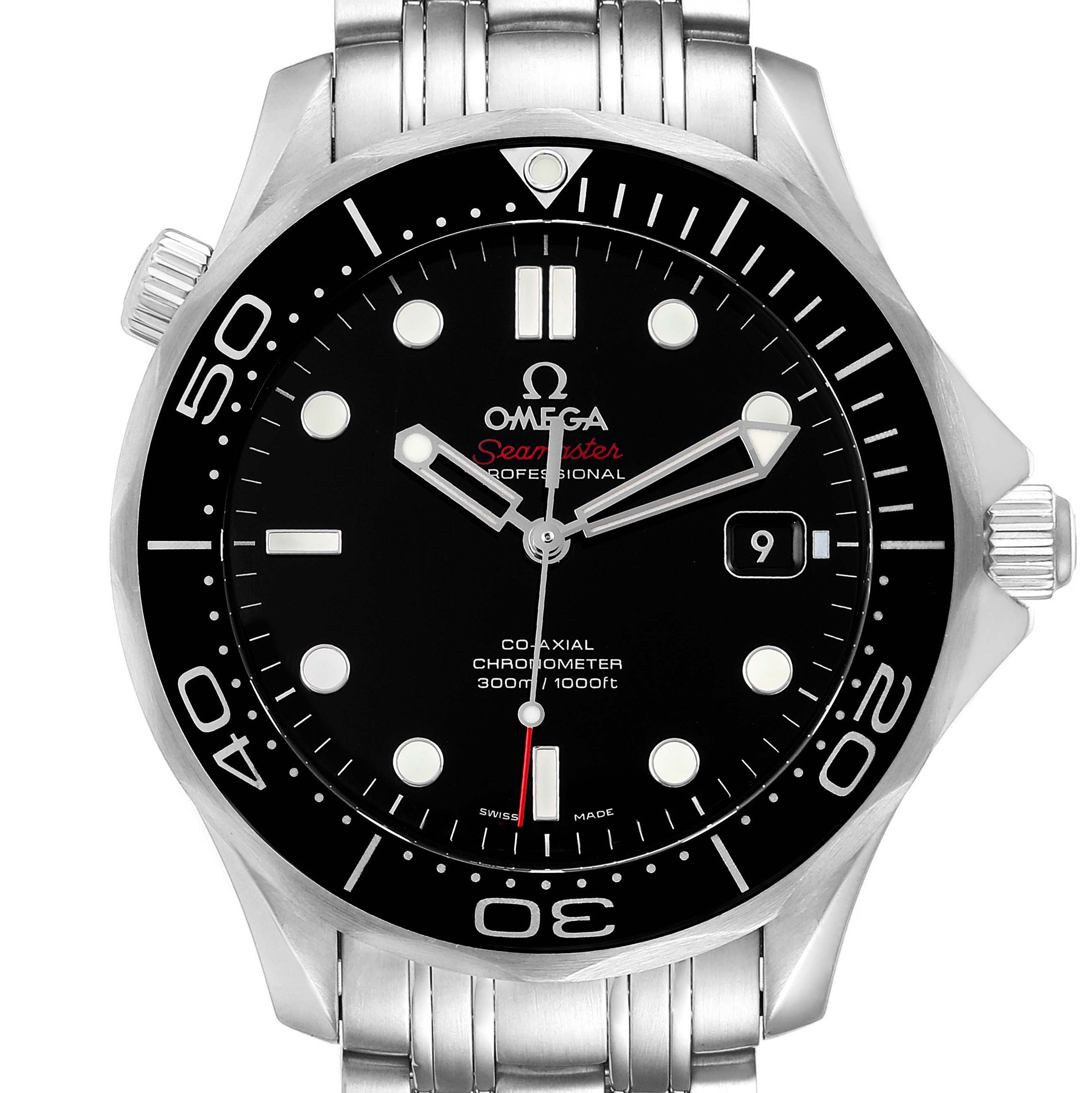 The Omega Seamaster 212.30.41.20.01.003 Men's Stainless Steel Black Dial 212.30.41.20.01.003 Men's Stainless Steel Black Dial watch is shown from the front, detailing the face, bezel, hands, date window, and part of the bracelet.