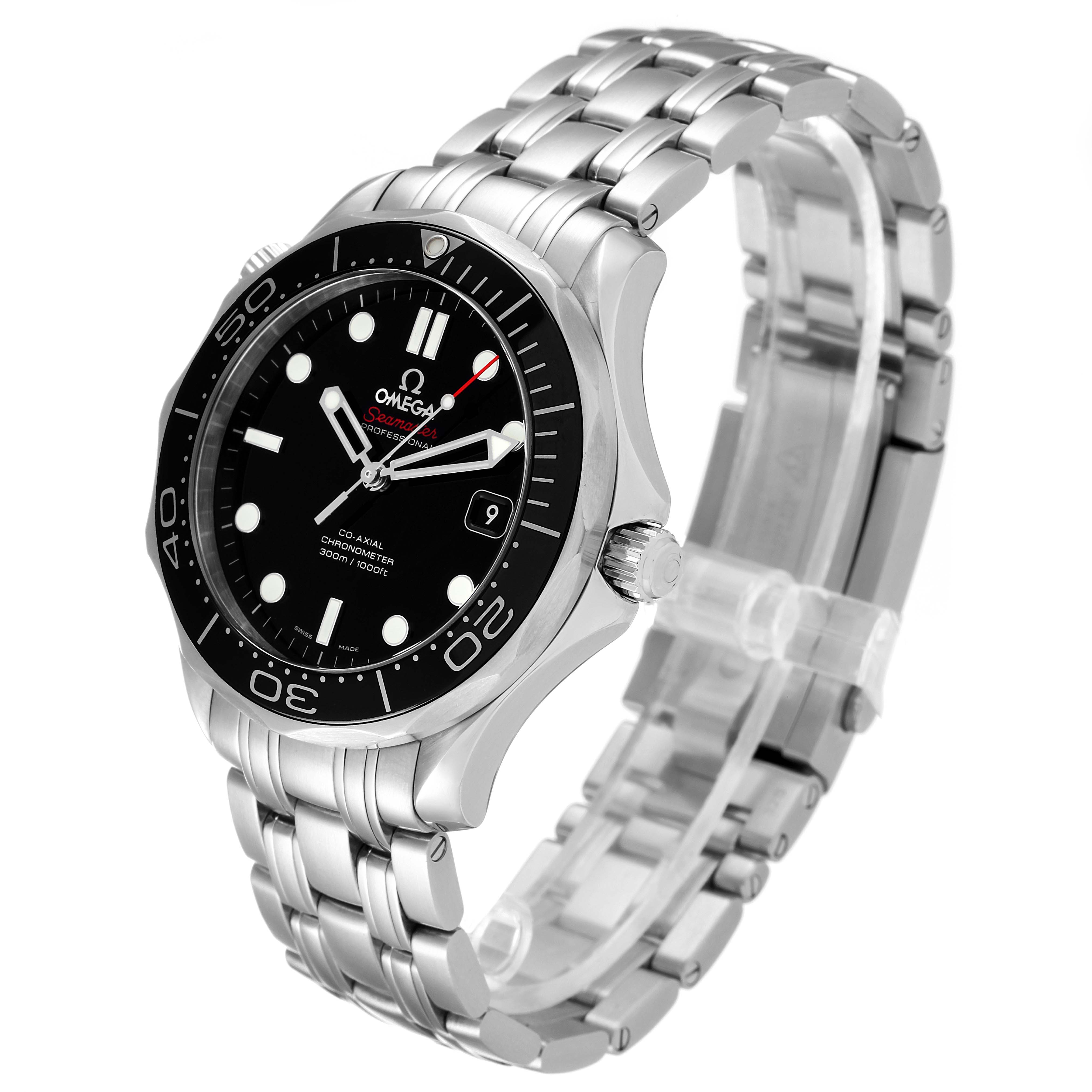 The Omega Seamaster 212.30.41.20.01.003 Men's Stainless Steel Black Dial 212.30.41.20.01.003 Men's Stainless Steel Black Dial watch is shown at an angled side view, highlighting its black dial, bezel, and stainless steel bracelet.