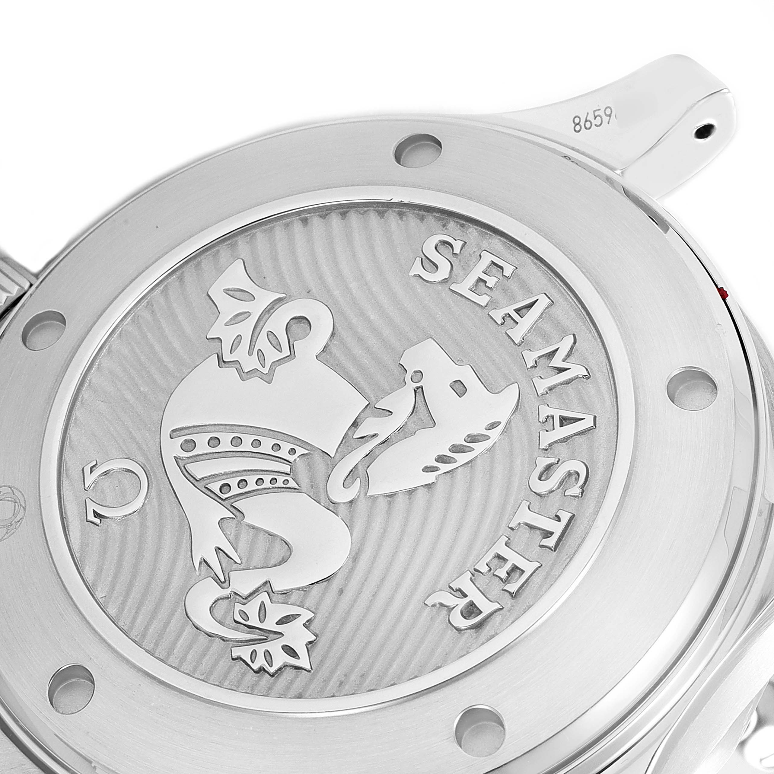 This image shows the case back of an Omega Seamaster 212.30.41.20.01.003 Men's Stainless Steel Black Dial 212.30.41.20.01.003 Men's Stainless Steel Black Dial watch, highlighting its engraved design and branding.