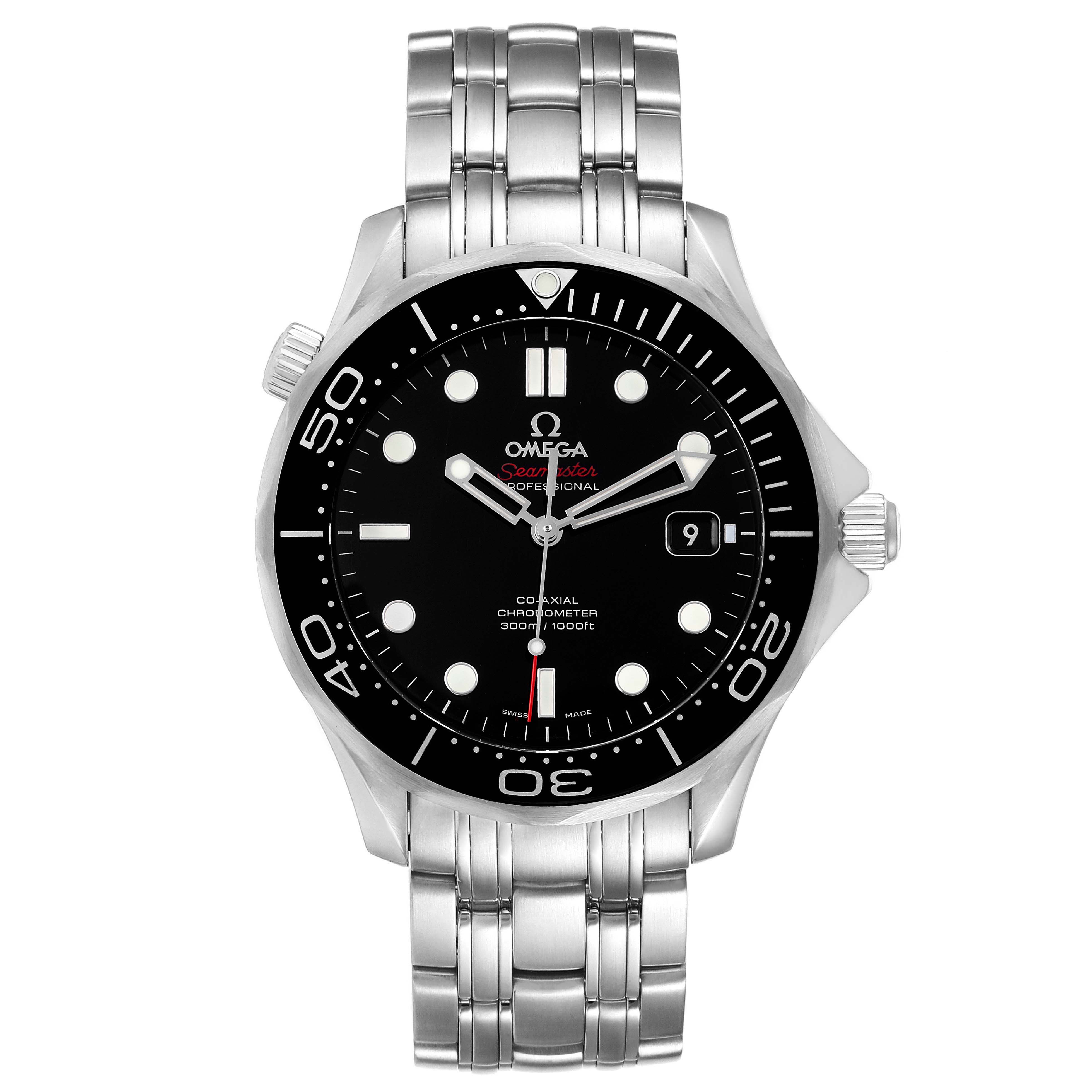 The Omega Seamaster 212.30.41.20.01.003 Men's Stainless Steel Black Dial 212.30.41.20.01.003 Men's Stainless Steel Black Dial watch is shown from a front angle, displaying its face, bezel, crown, and bracelet in full view.