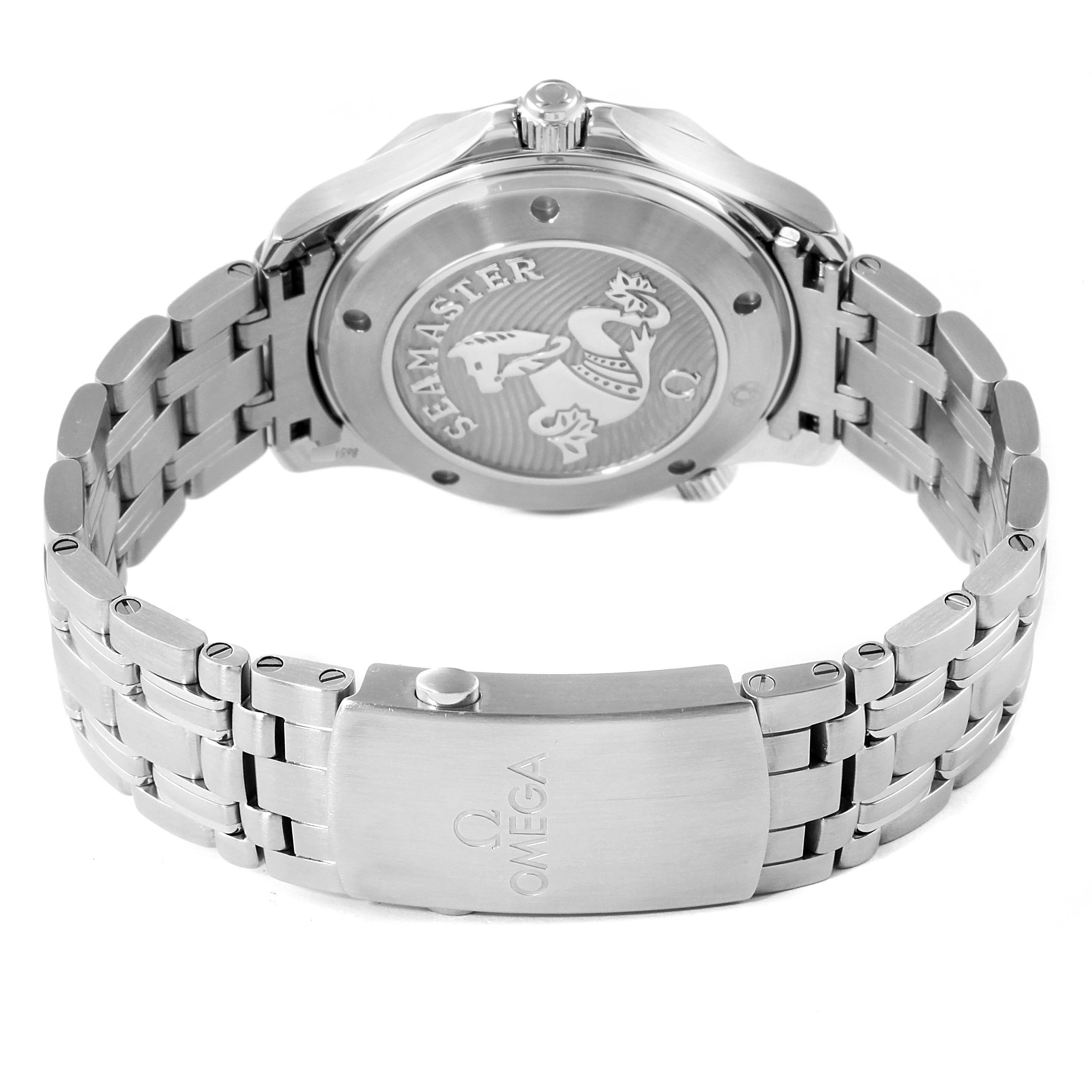 The image shows the back view of an Omega Seamaster 212.30.41.20.01.003 Men's Stainless Steel Black Dial 212.30.41.20.01.003 Men's Stainless Steel Black Dial watch, highlighting the case back and stainless steel bracelet.