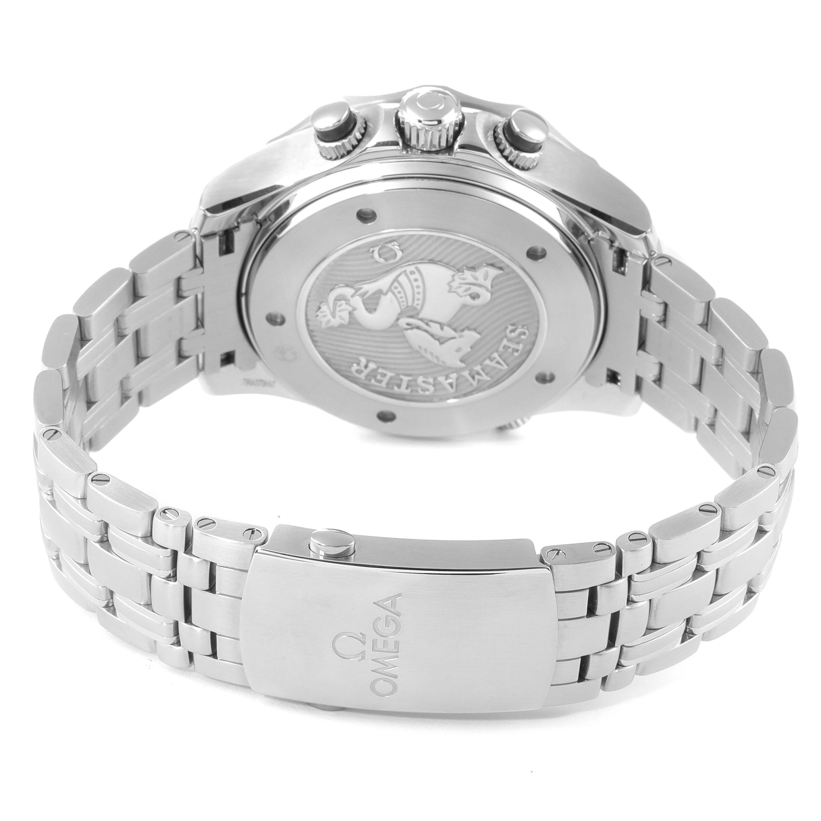 The image shows the back case, crown, and clasp of the Omega Seamaster 212.30.44.52.01.001 Men's Stainless Steel Black Dial 212.30.44.52.01.001 Men's Stainless Steel Black Dial watch from an angled rear view.