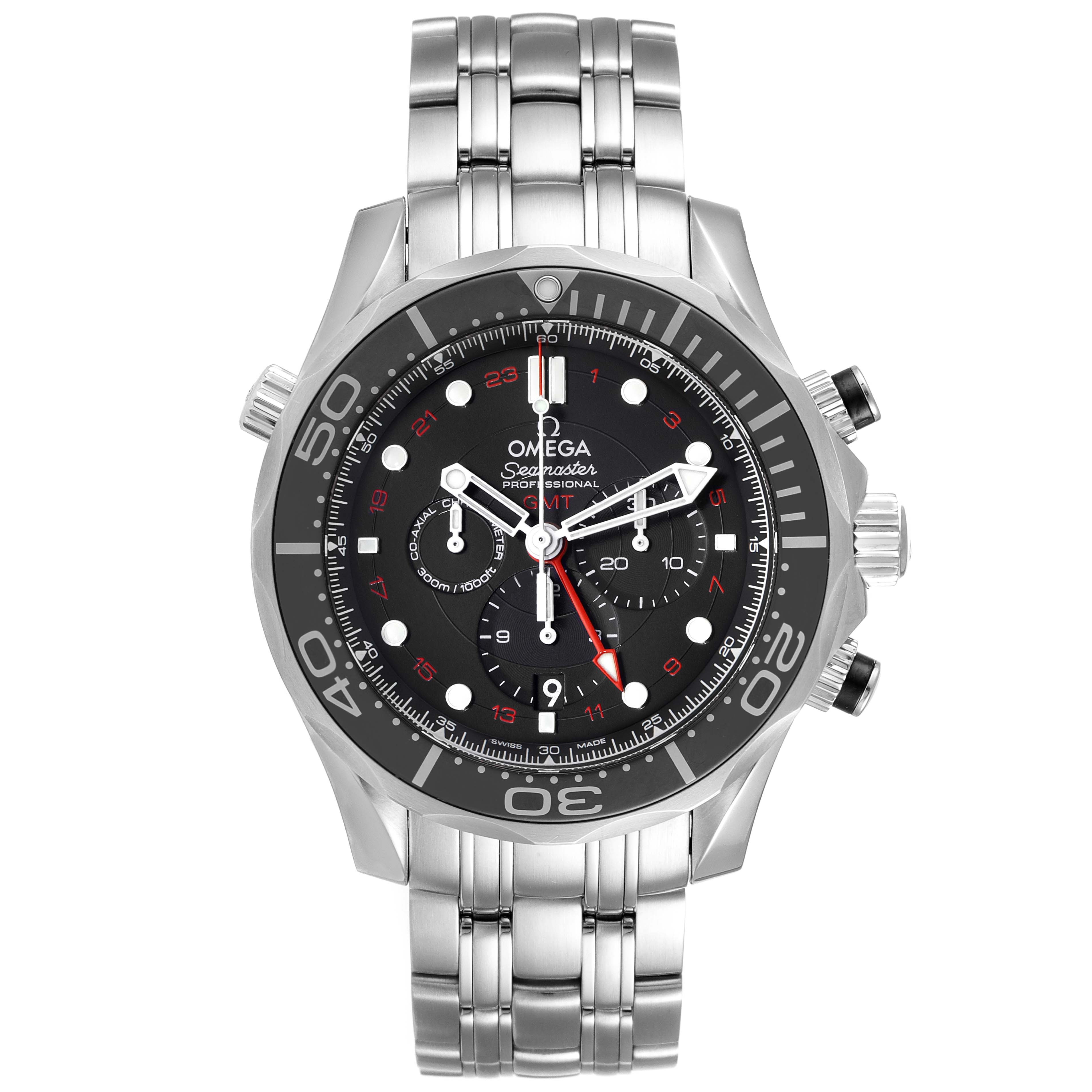 This image shows a front view of an Omega Seamaster 212.30.44.52.01.001 Men's Stainless Steel Black Dial 212.30.44.52.01.001 Men's Stainless Steel Black Dial watch, highlighting its dial, bezel, and metal bracelet.