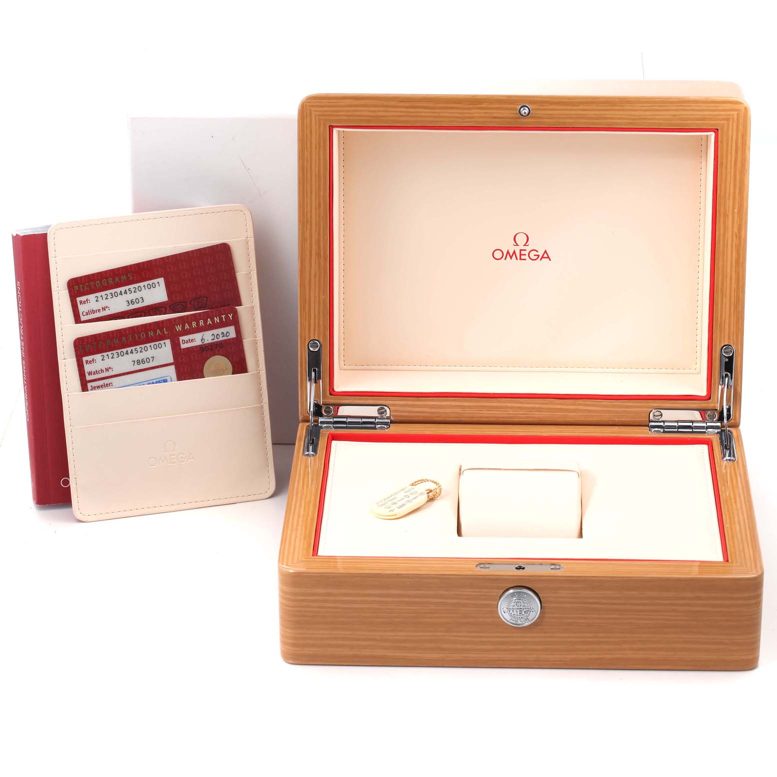 The image shows an Omega Seamaster 212.30.44.52.01.001 Men's Stainless Steel Black Dial 212.30.44.52.01.001 Men's Stainless Steel Black Dial watch box, warranty cards, and a cardholder.