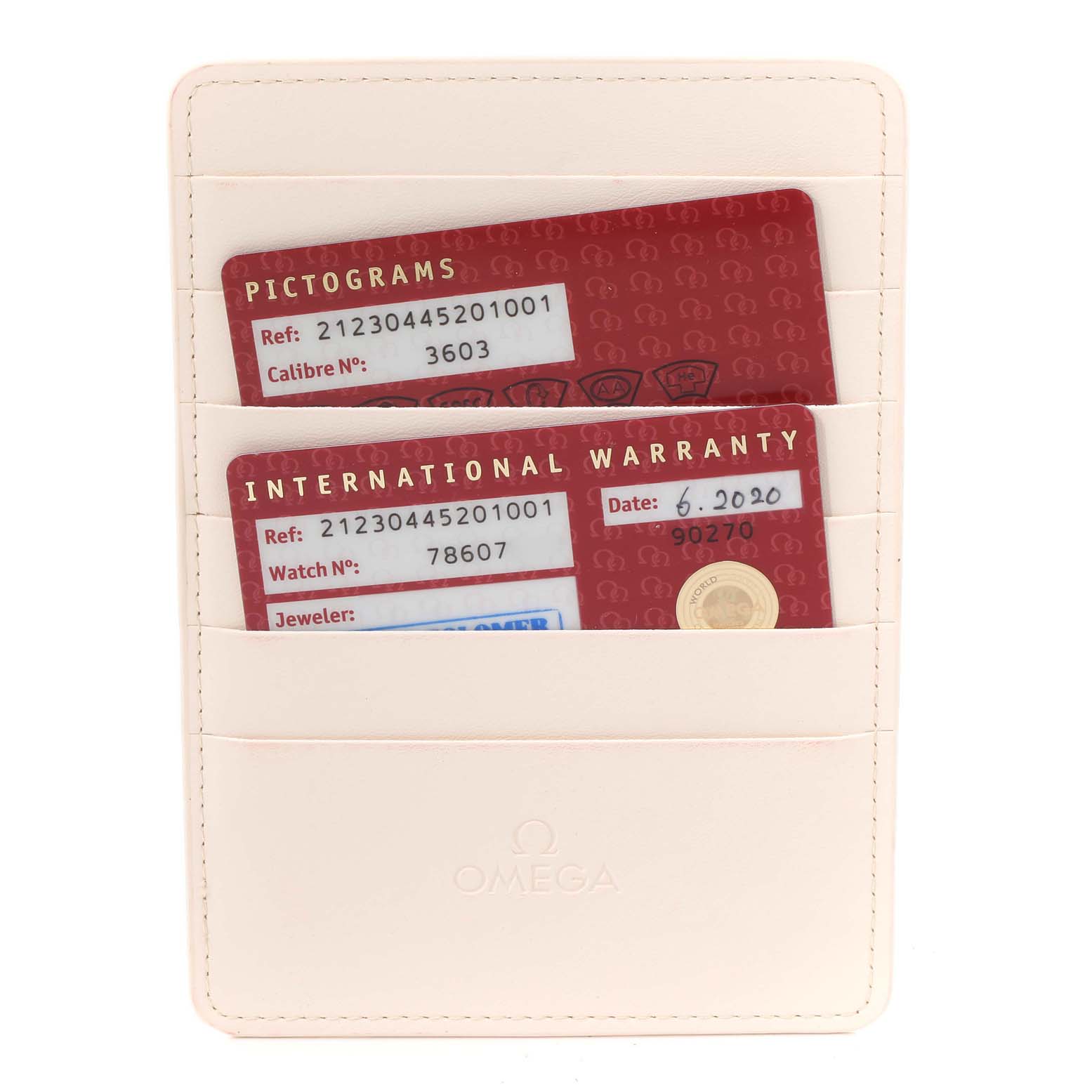 This image shows the international warranty and pictogram cards for an Omega Seamaster 212.30.44.52.01.001 Men's Stainless Steel Black Dial 212.30.44.52.01.001 Men's Stainless Steel Black Dial watch, placed inside a cardholder.