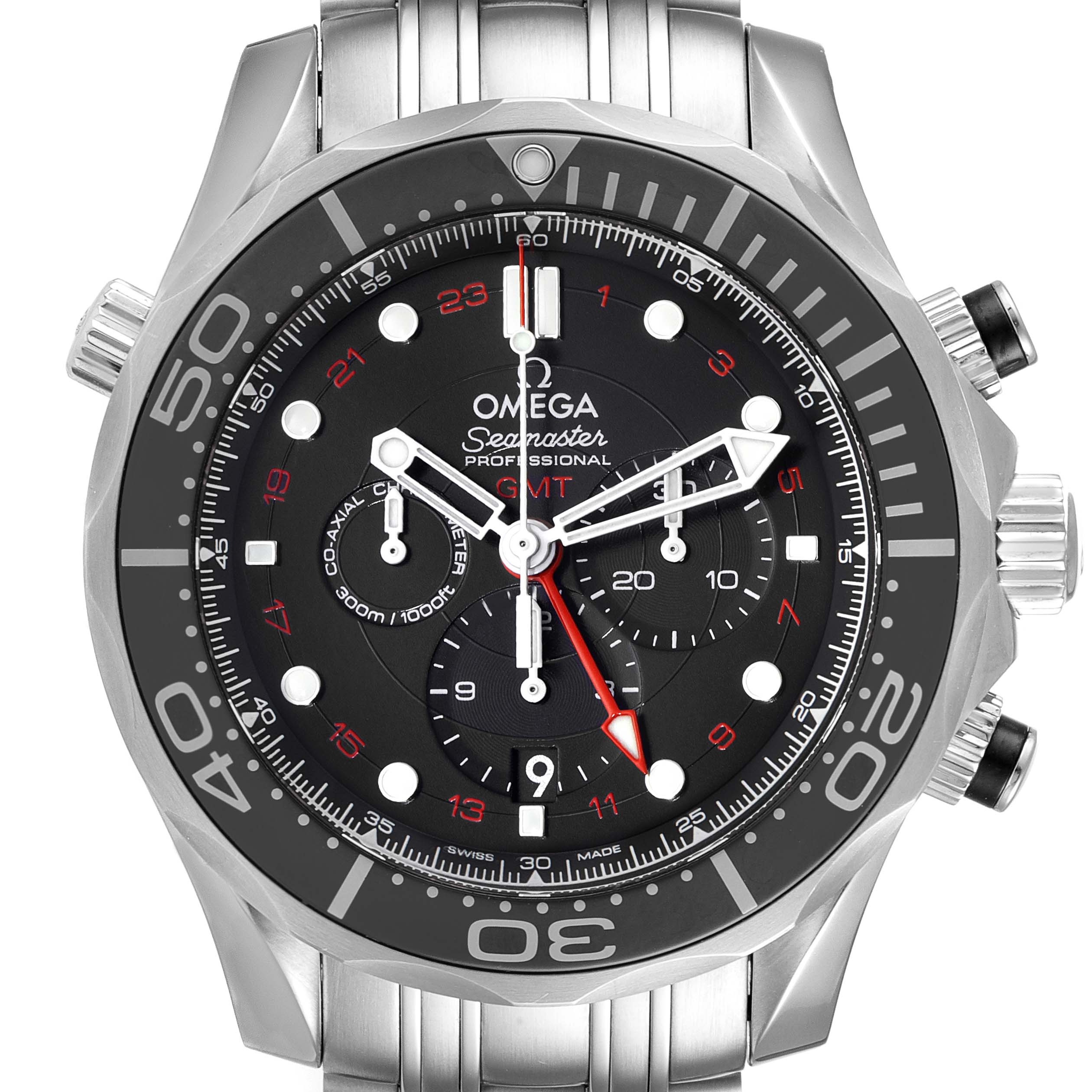 This image displays a front view of an Omega Seamaster 212.30.44.52.01.001 Men's Stainless Steel Black Dial 212.30.44.52.01.001 Men's Stainless Steel Black Dial watch, highlighting the face, dials, and stainless steel bracelet.