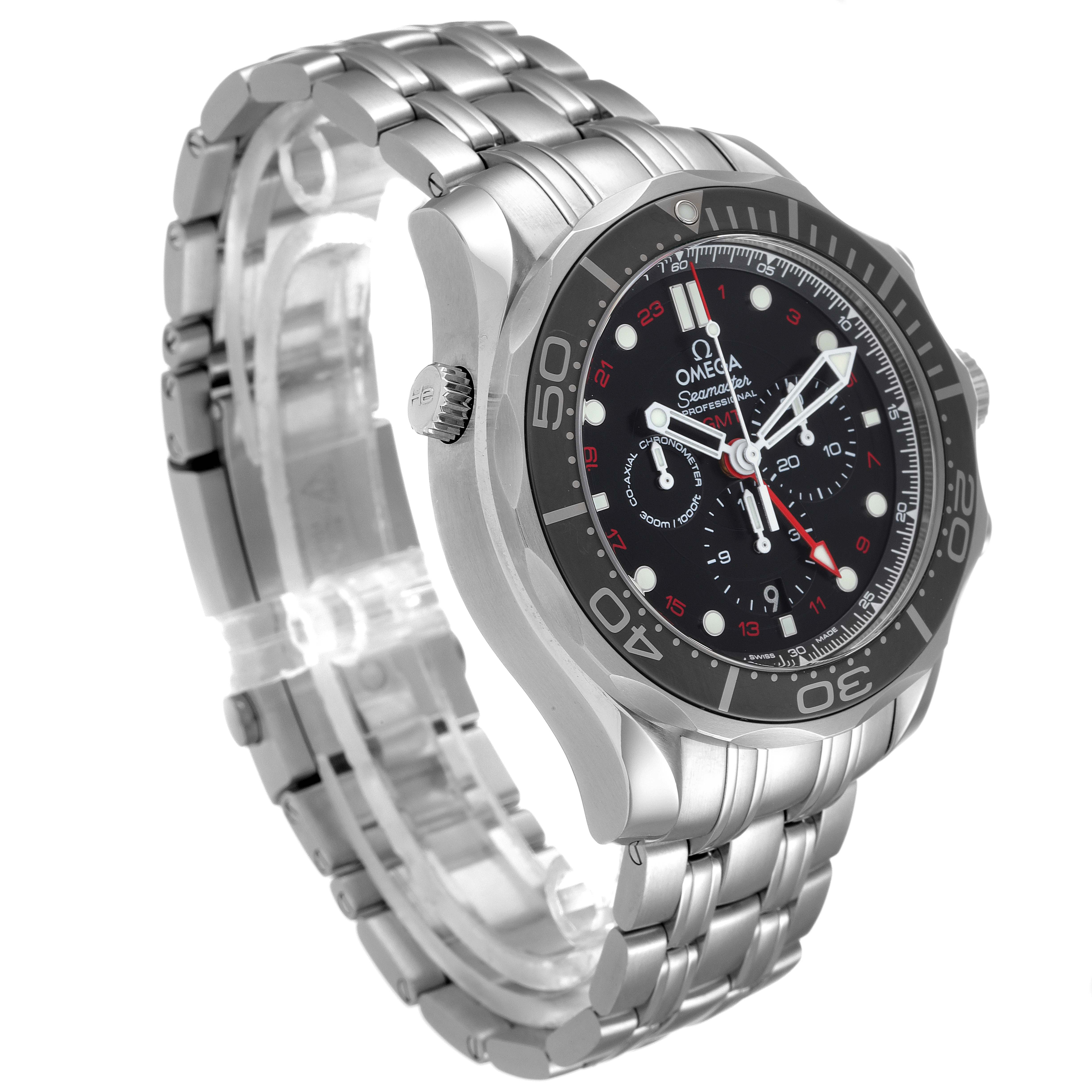 The image shows an angled view of an Omega Seamaster 212.30.44.52.01.001 Men's Stainless Steel Black Dial 212.30.44.52.01.001 Men's Stainless Steel Black Dial watch, highlighting its face, bezel, crown, and stainless steel bracelet.