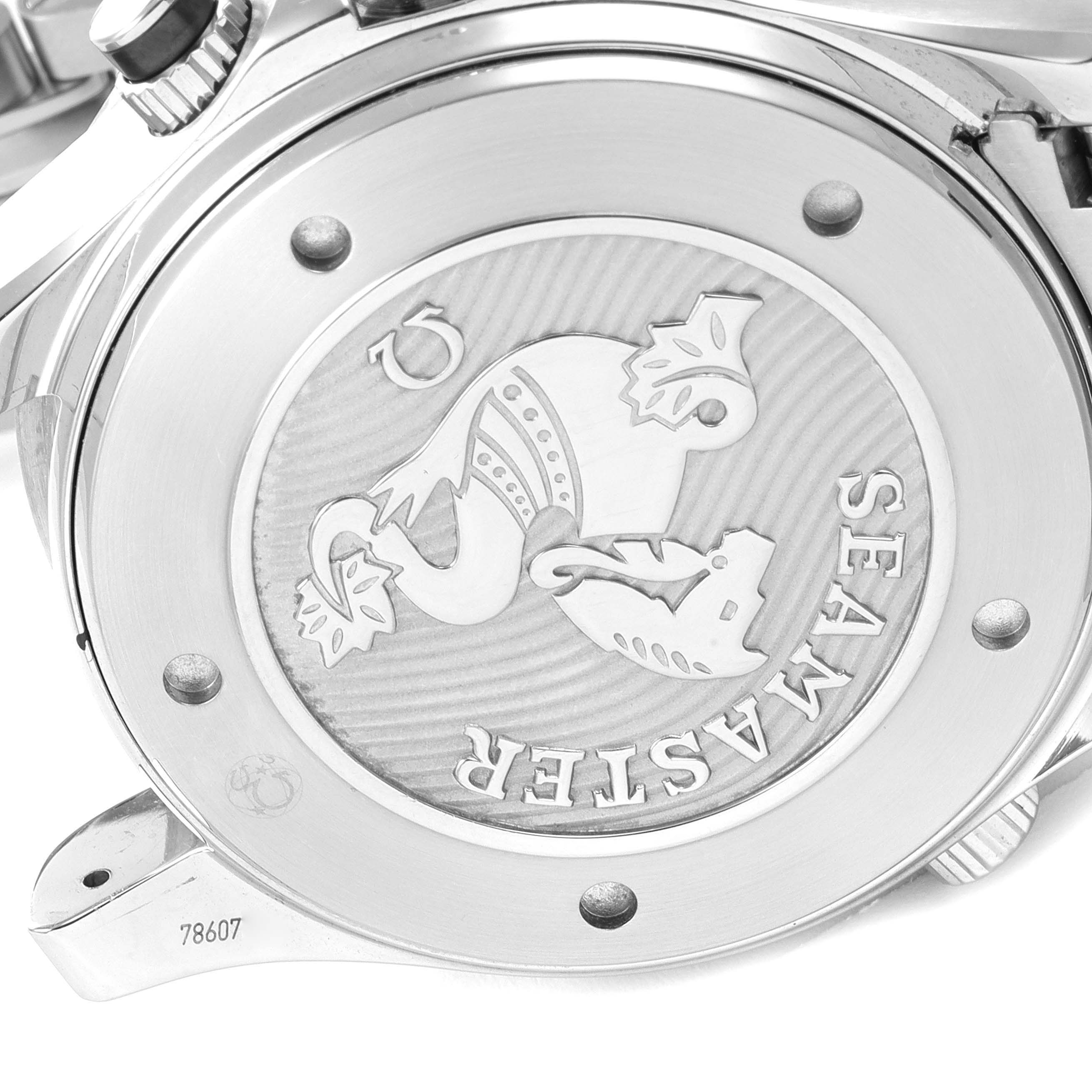 The image shows the case back of an Omega Seamaster 212.30.44.52.01.001 Men's Stainless Steel Black Dial 212.30.44.52.01.001 Men's Stainless Steel Black Dial watch with its engraved design.