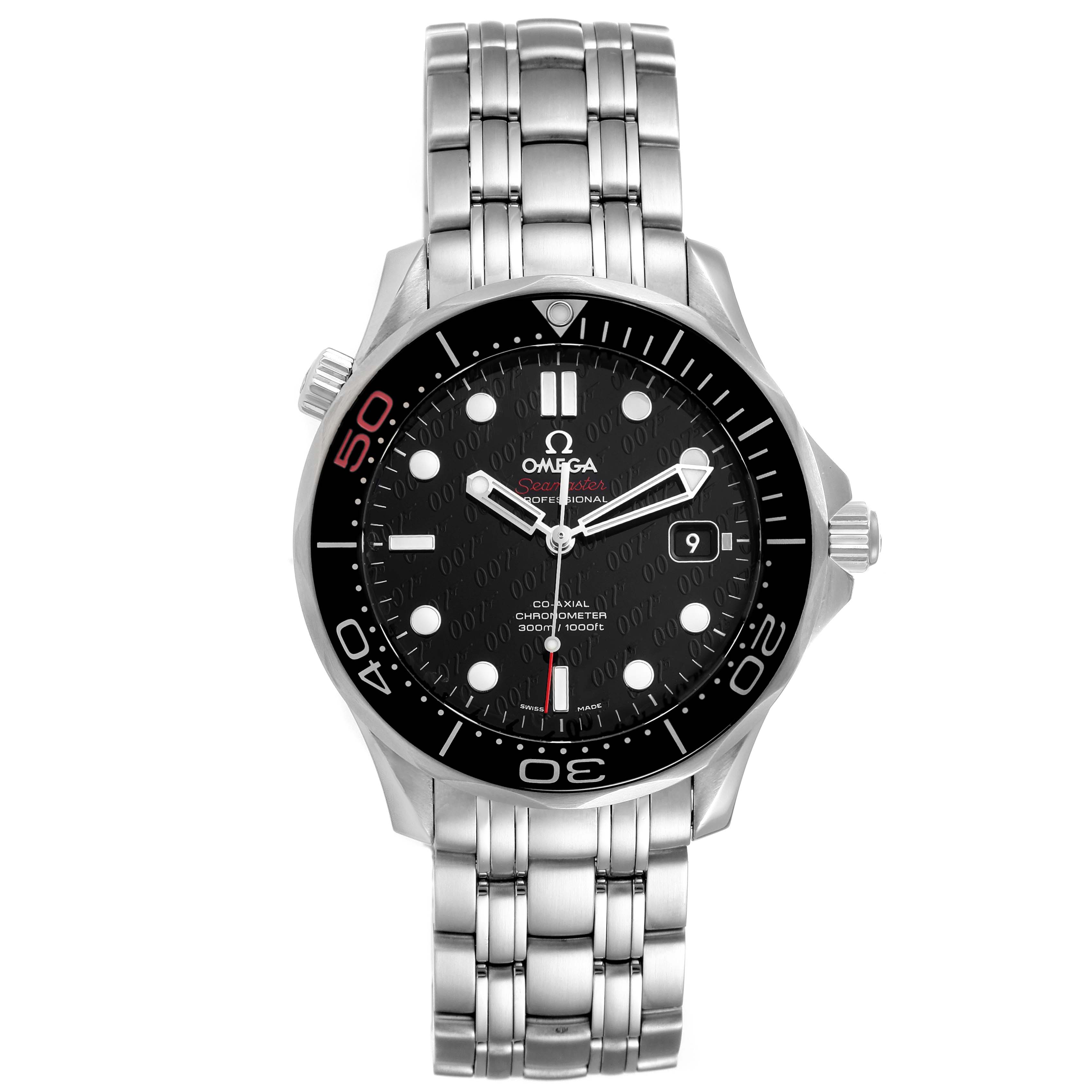 This image shows a front view of an Omega Seamaster 212.30.41.20.01.005 Men's Stainless Steel Black Dial 212.30.41.20.01.005 Men's Stainless Steel Black Dial watch, displaying the face, bezel, and bracelet.