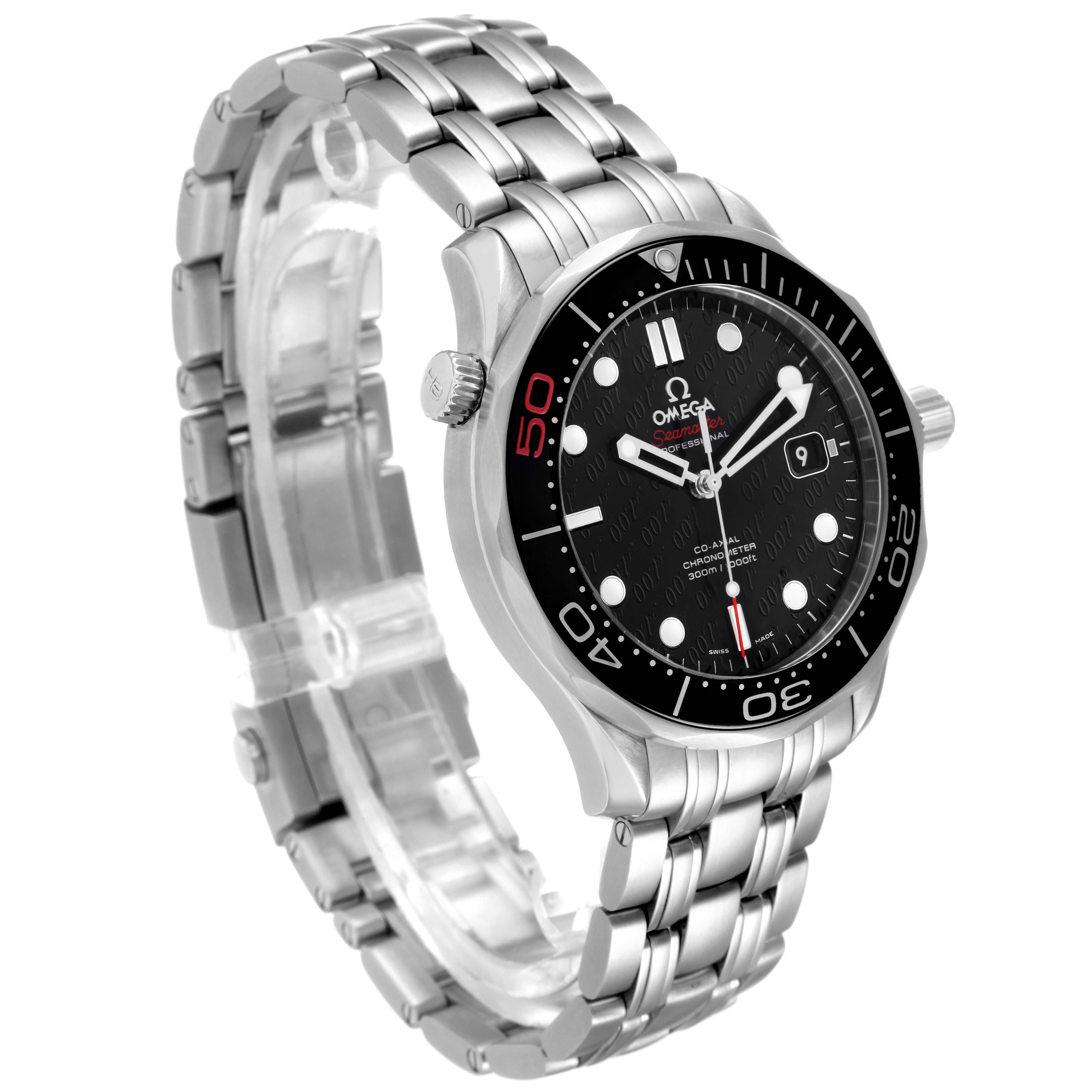 This image showcases the Omega Seamaster 212.30.41.20.01.005 Men's Stainless Steel Black Dial 212.30.41.20.01.005 Men's Stainless Steel Black Dial watch at a three-quarter angle, highlighting the stainless steel bracelet, dial, and bezel.