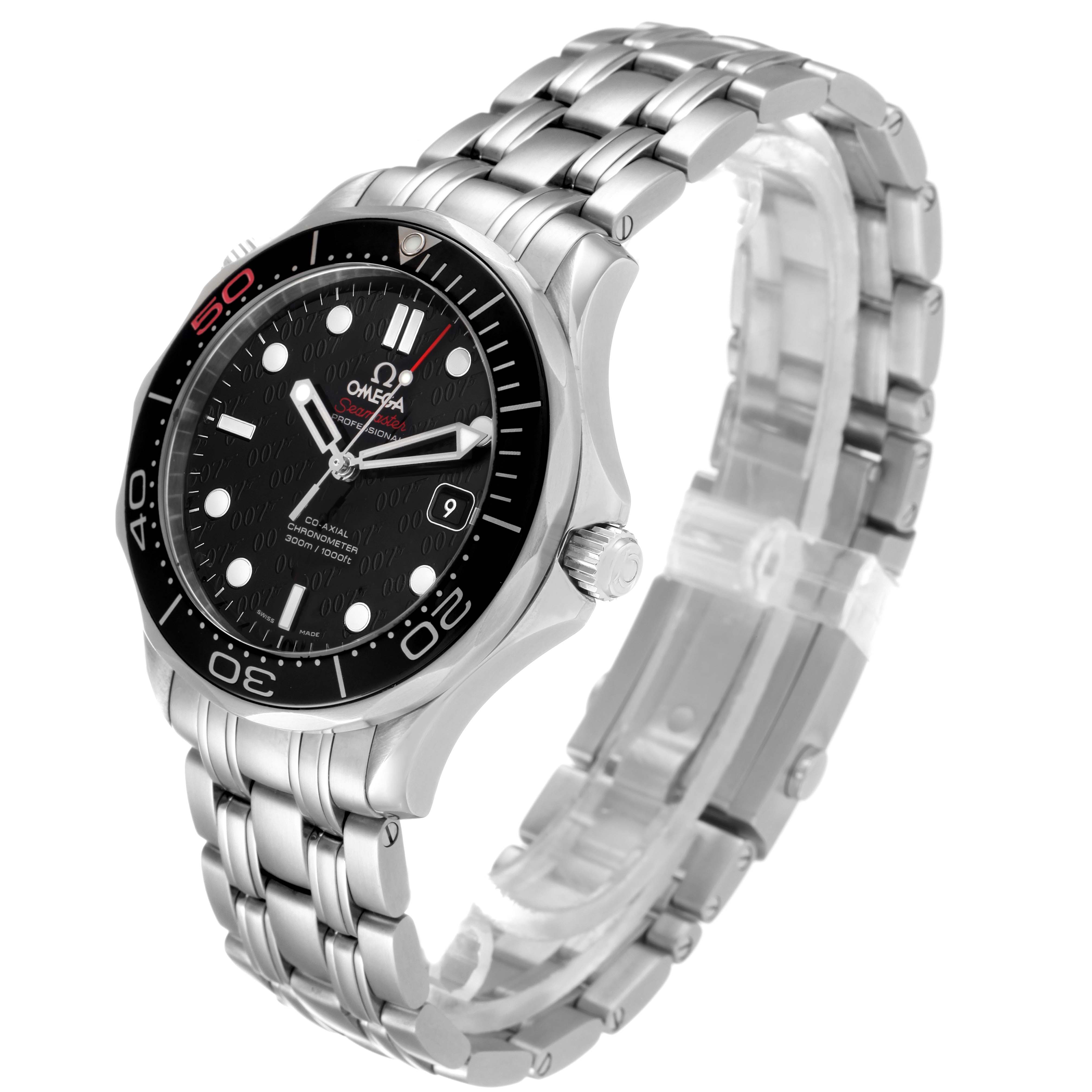 The image shows a perspective angle of an Omega Seamaster 212.30.41.20.01.005 Men's Stainless Steel Black Dial 212.30.41.20.01.005 Men's Stainless Steel Black Dial watch, displaying the dial, bezel, crown, and stainless steel bracelet.