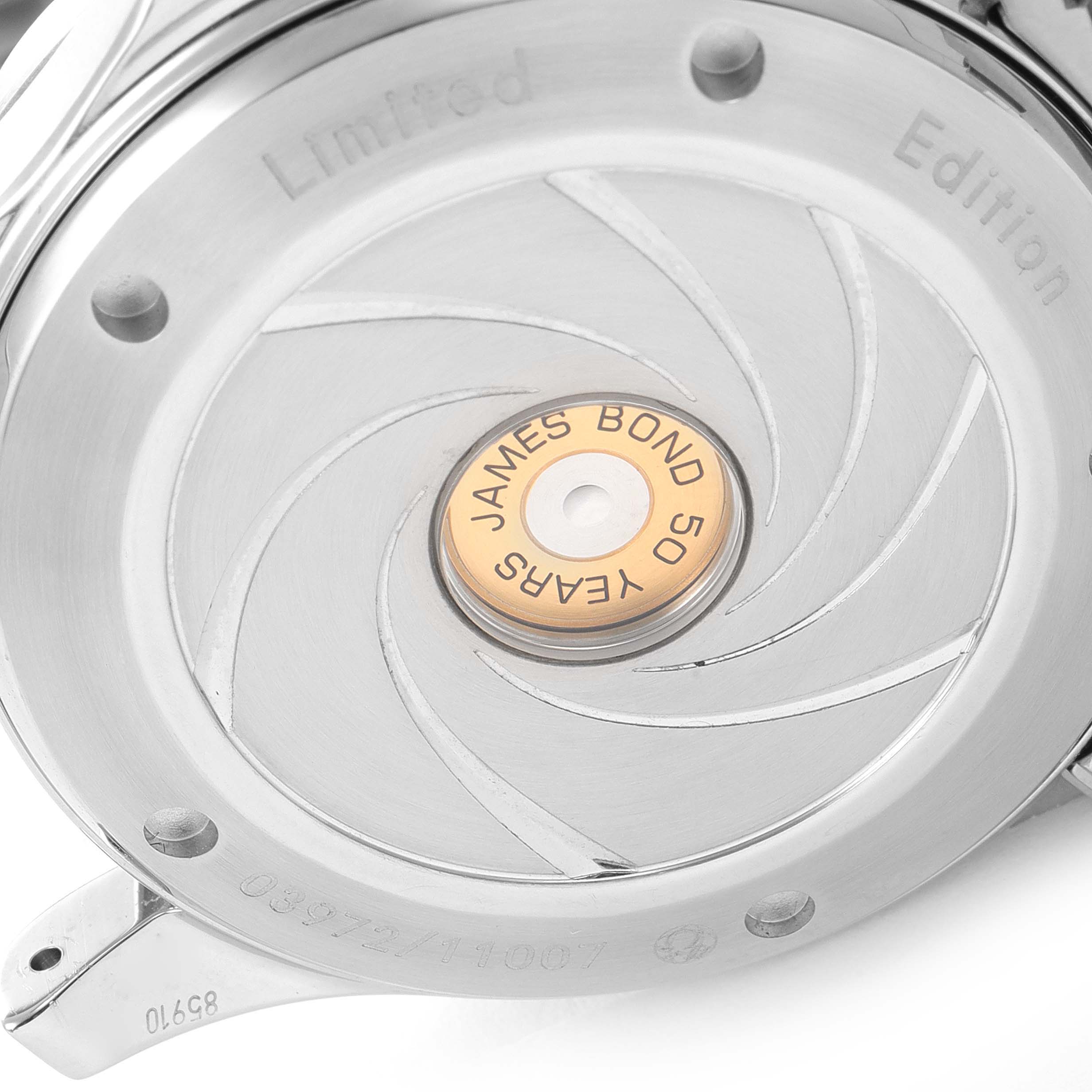 The image shows the back case of an Omega Seamaster 212.30.41.20.01.005 Men's Stainless Steel Black Dial 212.30.41.20.01.005 Men's Stainless Steel Black Dial watch, highlighting the "James Bond 50 Years" limited edition marking.